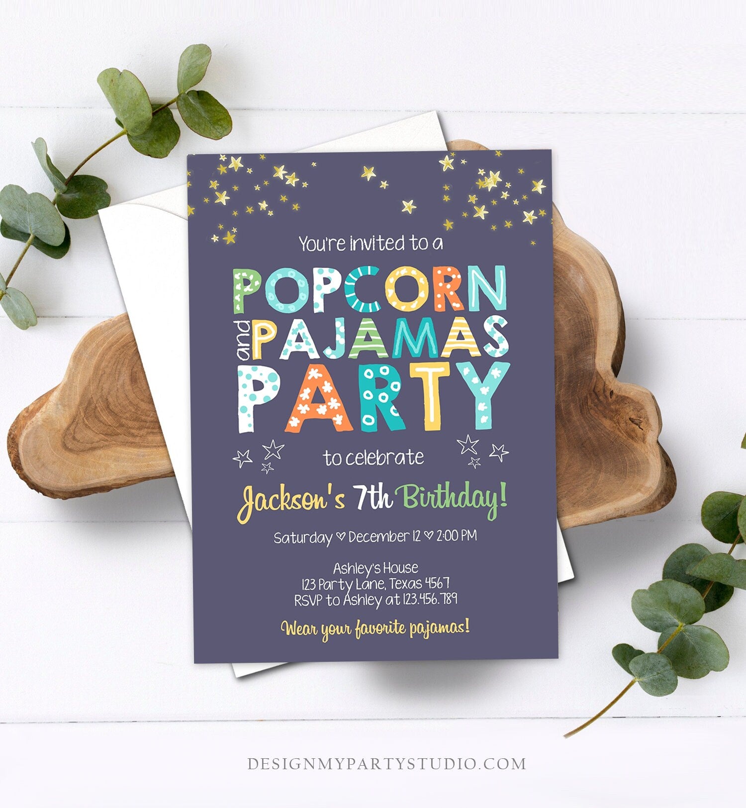 Editable Popcorn and Pajamas Birthday Invitation Movie Night Birthday Party Boy Blue Orange Green Stars Corjl Template Printable 0218