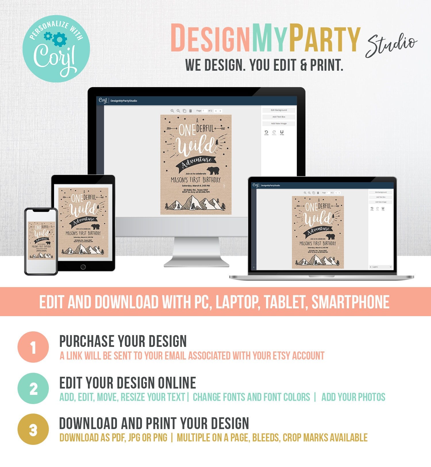 Editable A Onederful Wild Adventure First Birthday Invitation Brown Wild Things Boy Mountains Bear Outdoor Hunter Template Printable 0083