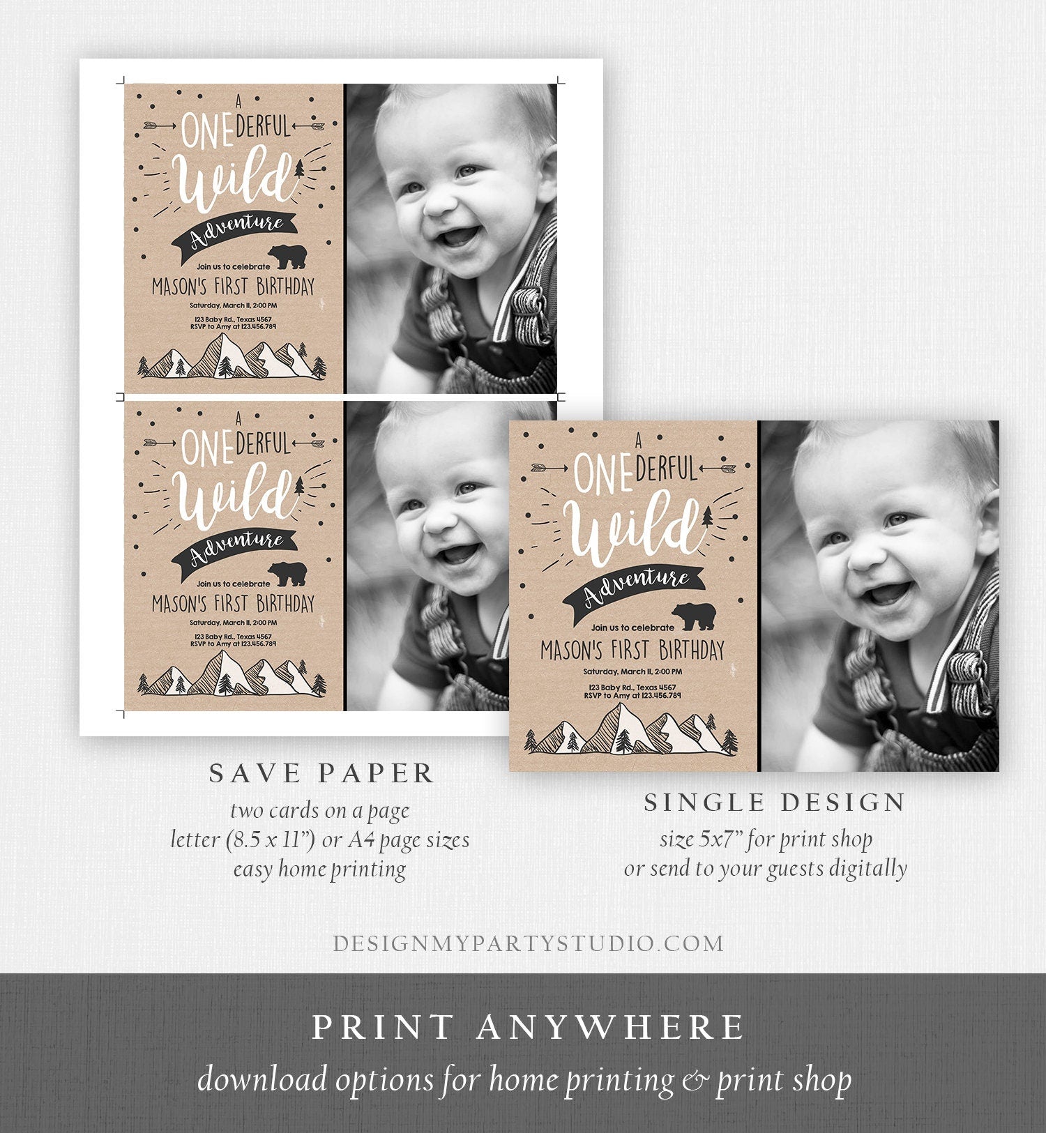 Editable A Onederful Wild Adventure First Birthday Invitation Wild Things Boy Mountains Bear Outdoor Paper Brown Photo Corjl Template 0083
