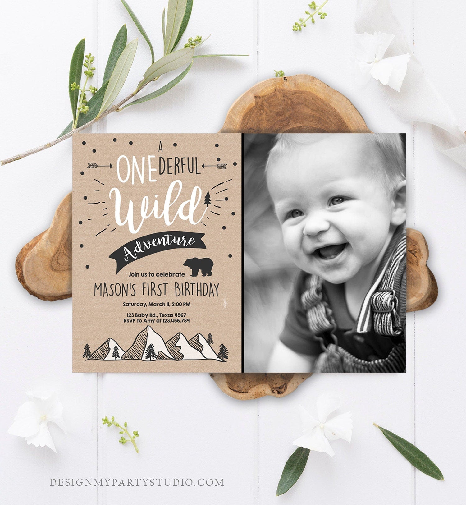 Editable A Onederful Wild Adventure First Birthday Invitation Wild Things Boy Mountains Bear Outdoor Paper Brown Photo Corjl Template 0083