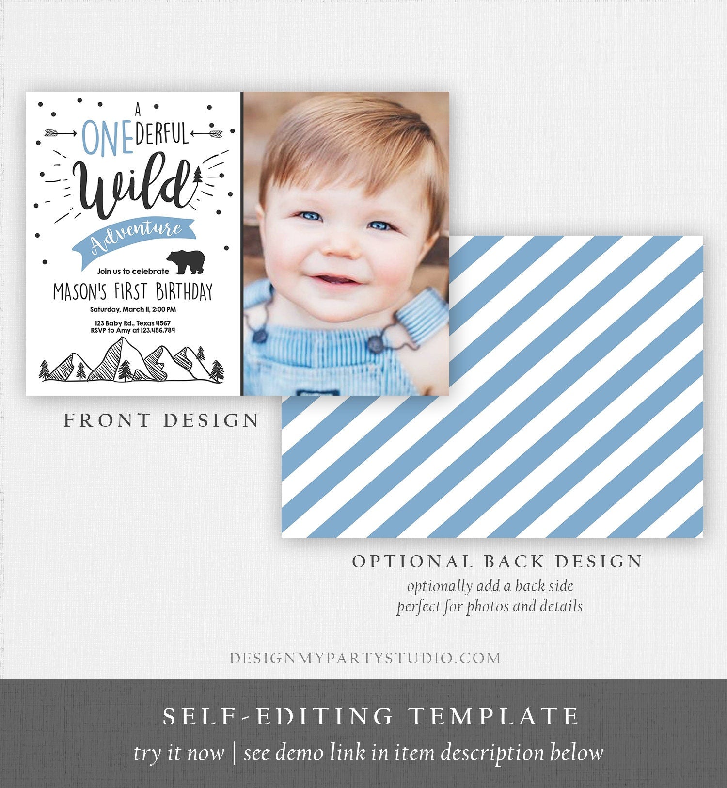 Editable A Onederful Wild Adventure First Birthday Invitation Wild Things Boy Bear Outdoor 1st Blue Photo Digital Template Printable 0083