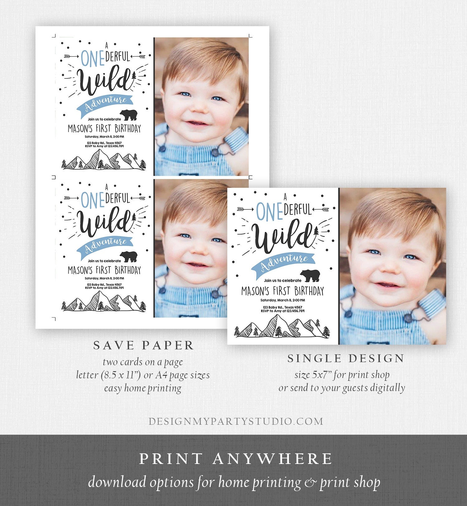 Editable A Onederful Wild Adventure First Birthday Invitation Wild Things Boy Bear Outdoor 1st Blue Photo Digital Template Printable 0083