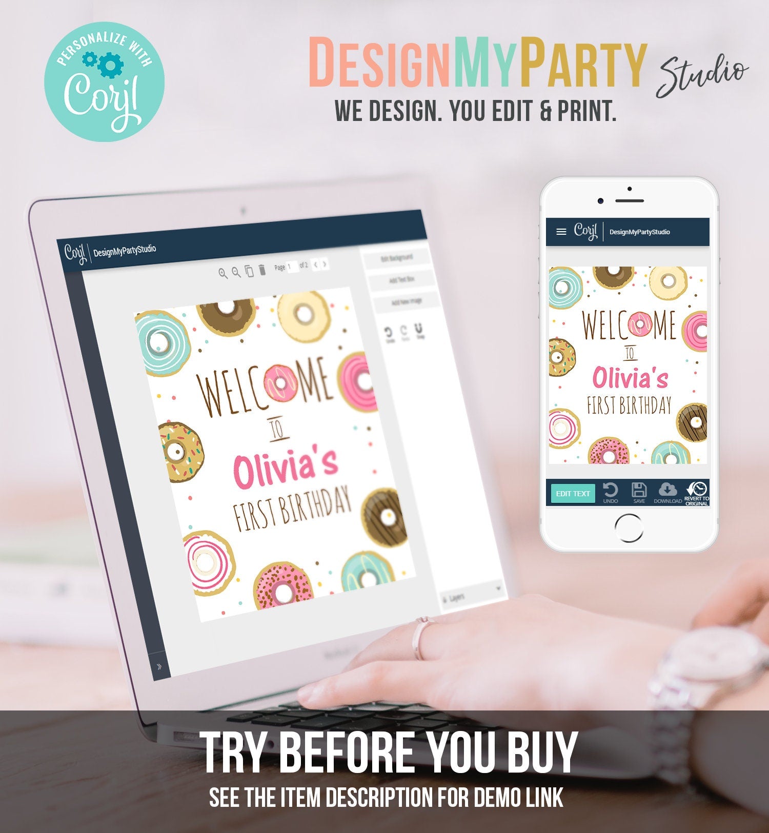 Editable Donut Welcome Sign Donut Birthday Party Pink Girl Doughnut Baby Shower Sprinkle Table Sign Download Corjl Template Printable 0050