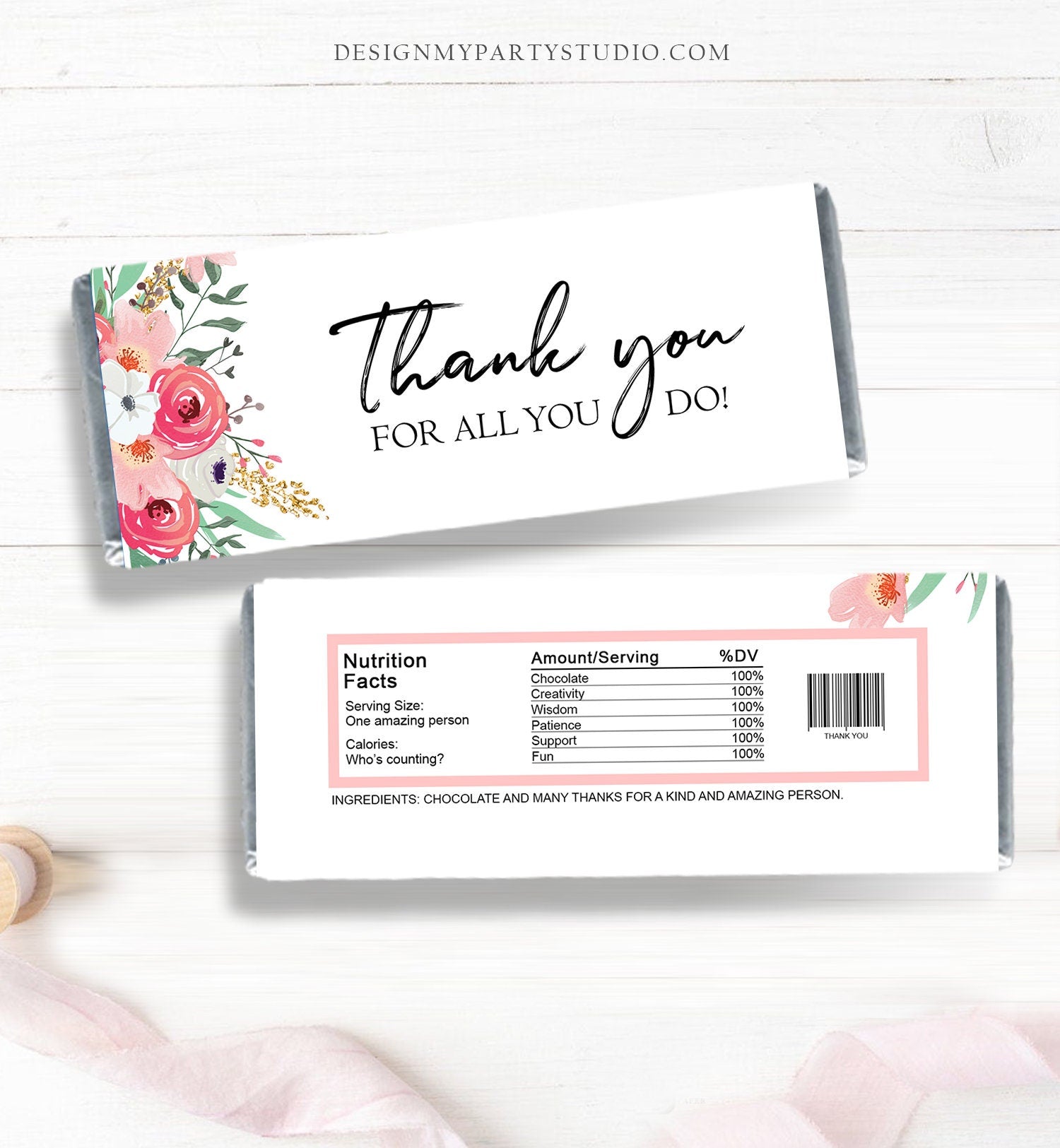 Thank You Candy Bar Wrappers Teacher Employee Appreciation Gift Floral Gold Pink Chocolate Bar Digital Download Printable 0464