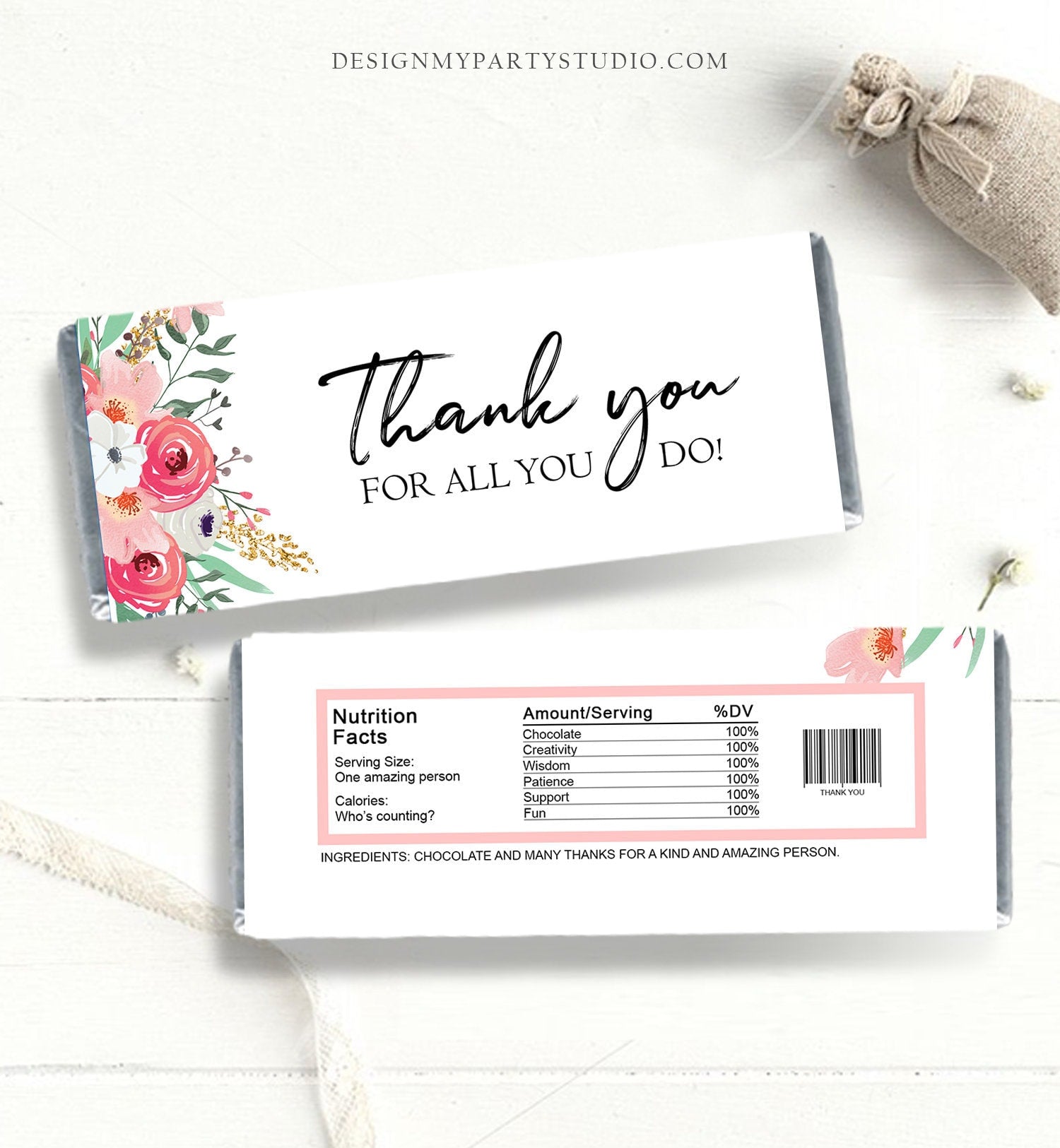 Thank You Candy Bar Wrappers Teacher Employee Appreciation Gift Floral Gold Pink Chocolate Bar Digital Download Printable 0464