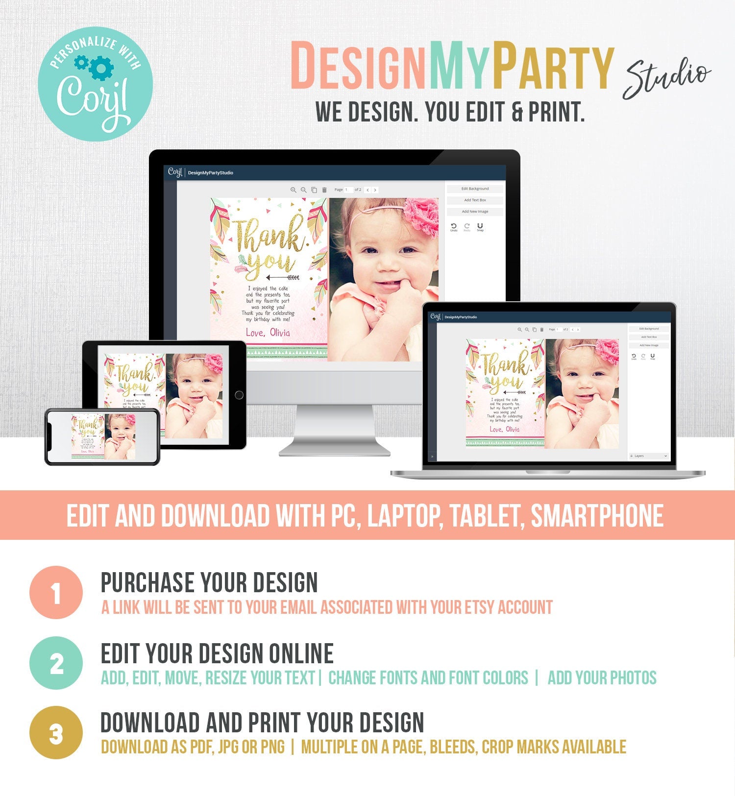 Editable Thank You Card Birthday Thank You Note Tribal Feathers Pink Mint Gold Wild One Digital Download Template Printable 0038