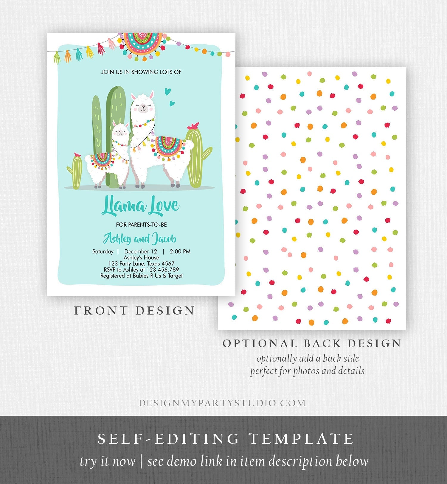 Editable Llama Baby Shower Invitation Blue Boy Llama Love Fiesta Cactus Mexican Couples Shower Digital Download Template Printable 0079