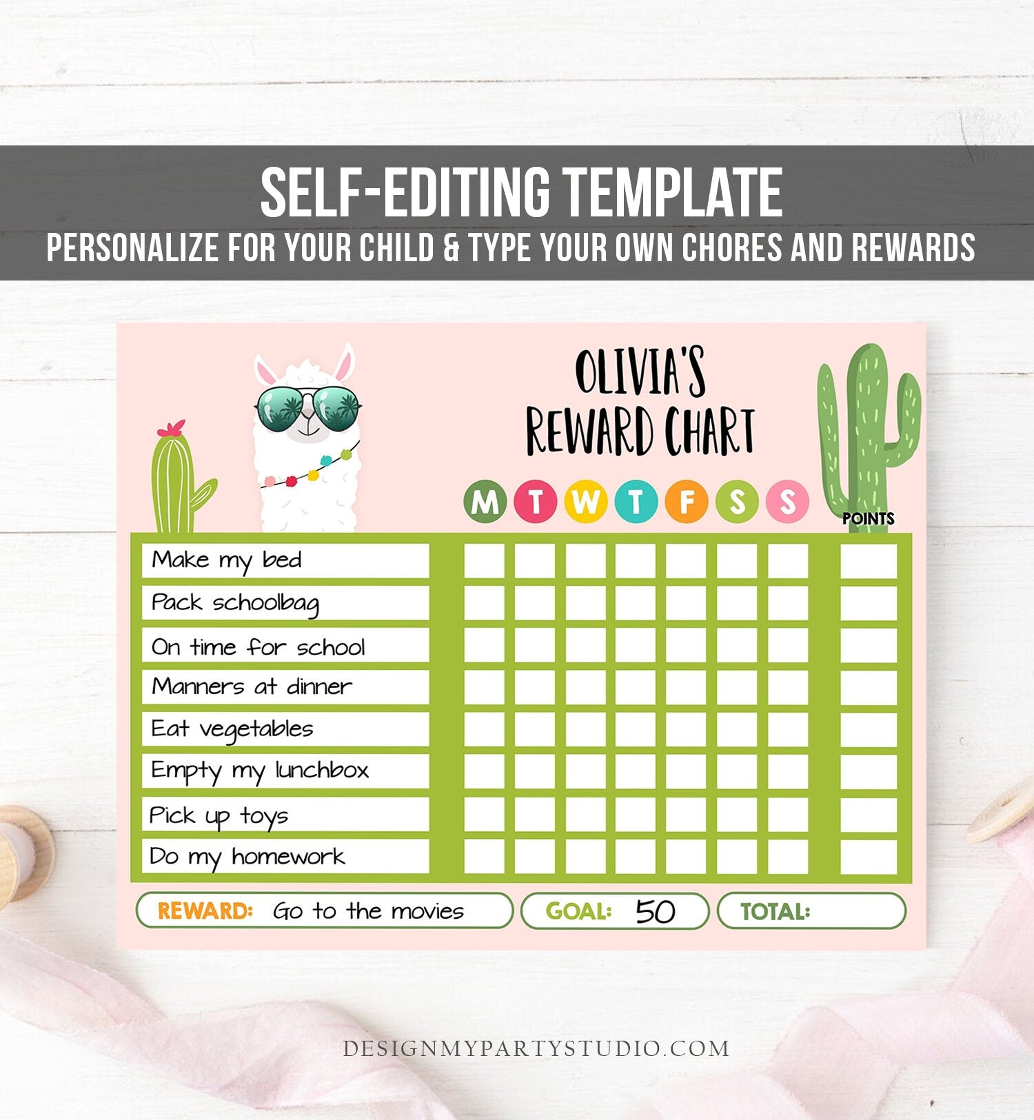 Editable Kids Chore Chart Reward Chart Llama for Kids Chores Responsibility Chart Girl Fillable Chore Chart Printable Template Corjl 0079