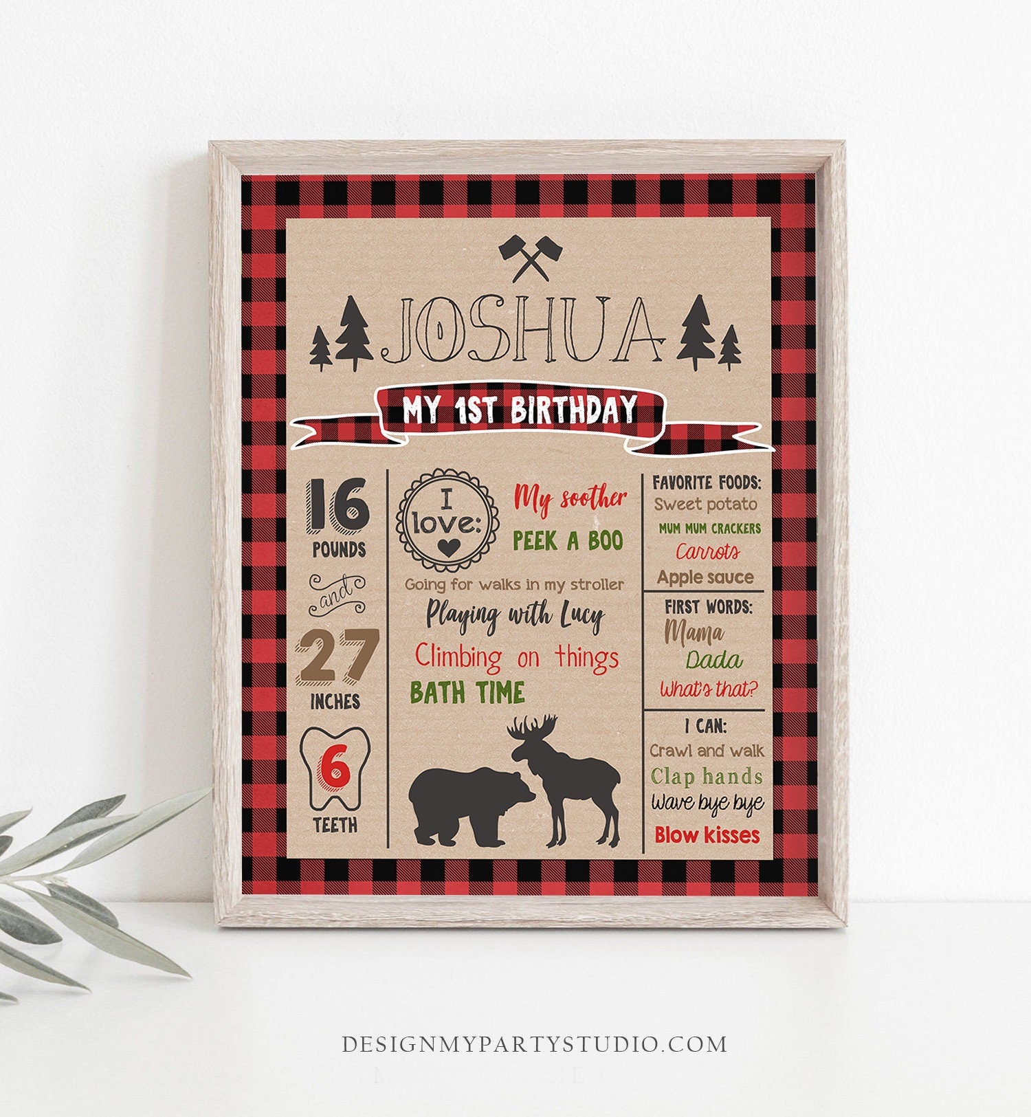 Editable Lumberjack Birthday Milestones Sign Lumberjack Birthday Chalkboard Plaid 1st Birthday Bear Moose Digital Template Printable 0026