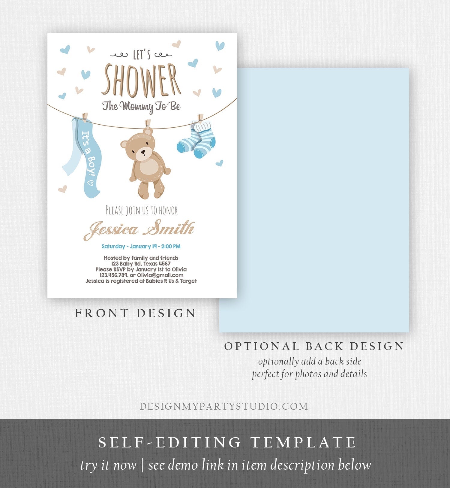 Editable Baby Shower Invitation Boy Teddy Bear Cute Baby Boy Blue Bear Little Cub Clothes Digital Download Evite Template Printable 0025