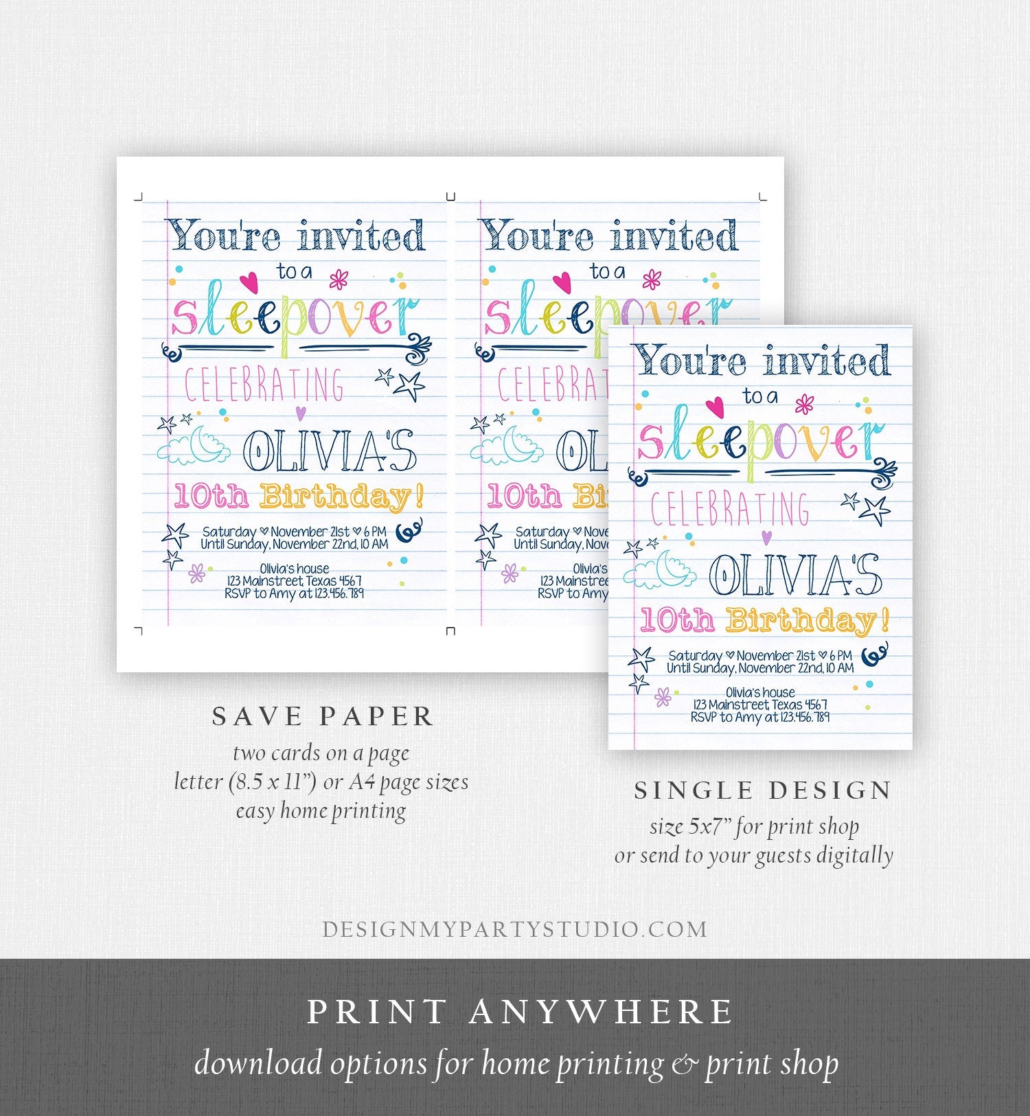 Editable Sleepover Party Invitation Slumber Party Pajamas Girl Birthday Pink Movie Night Digital Download Evite Template Printable 0275