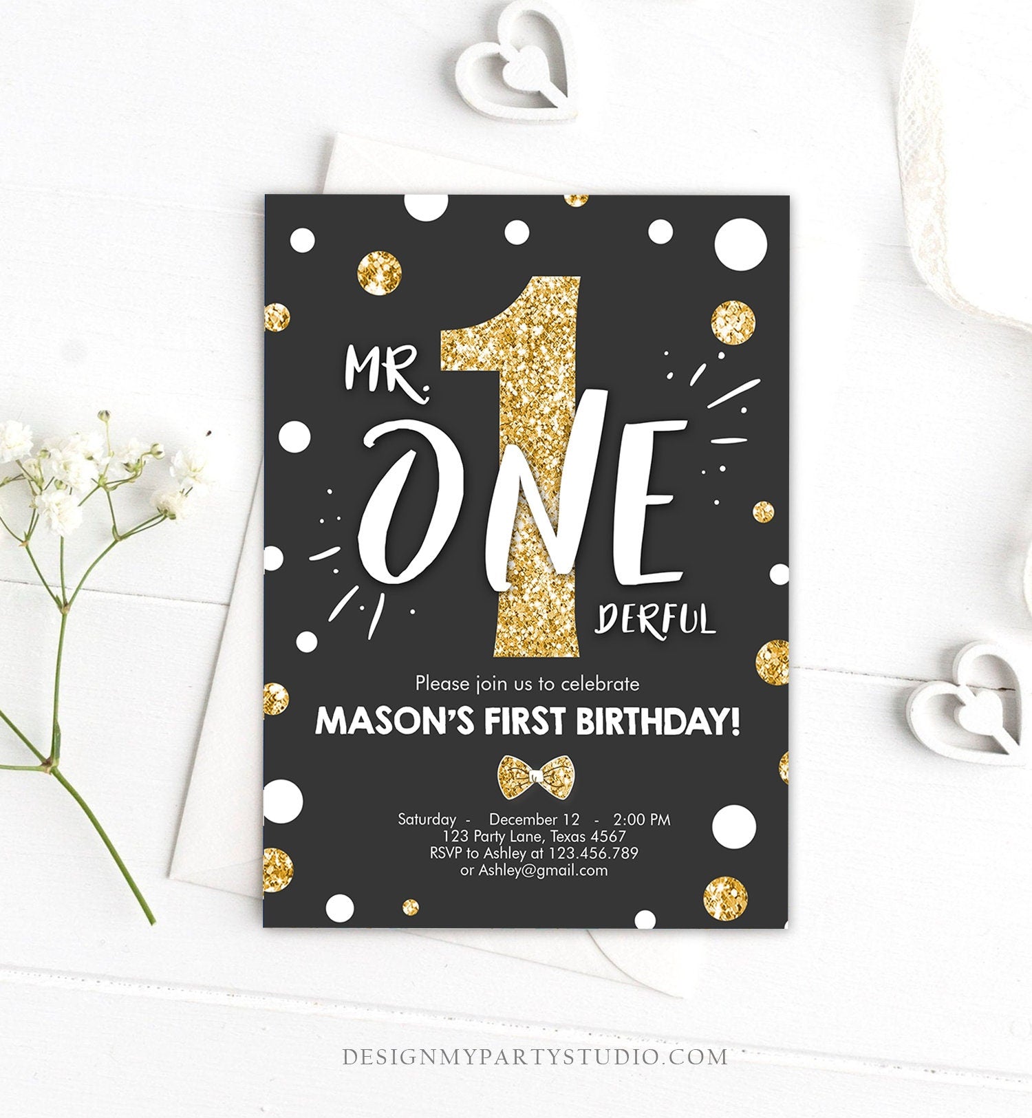 Editable Mr Onederful Birthday Invitation Black Gold Glitter Boy Bow Tie Confetti First Birthday 1st Digital Corjl Template Printable 0072