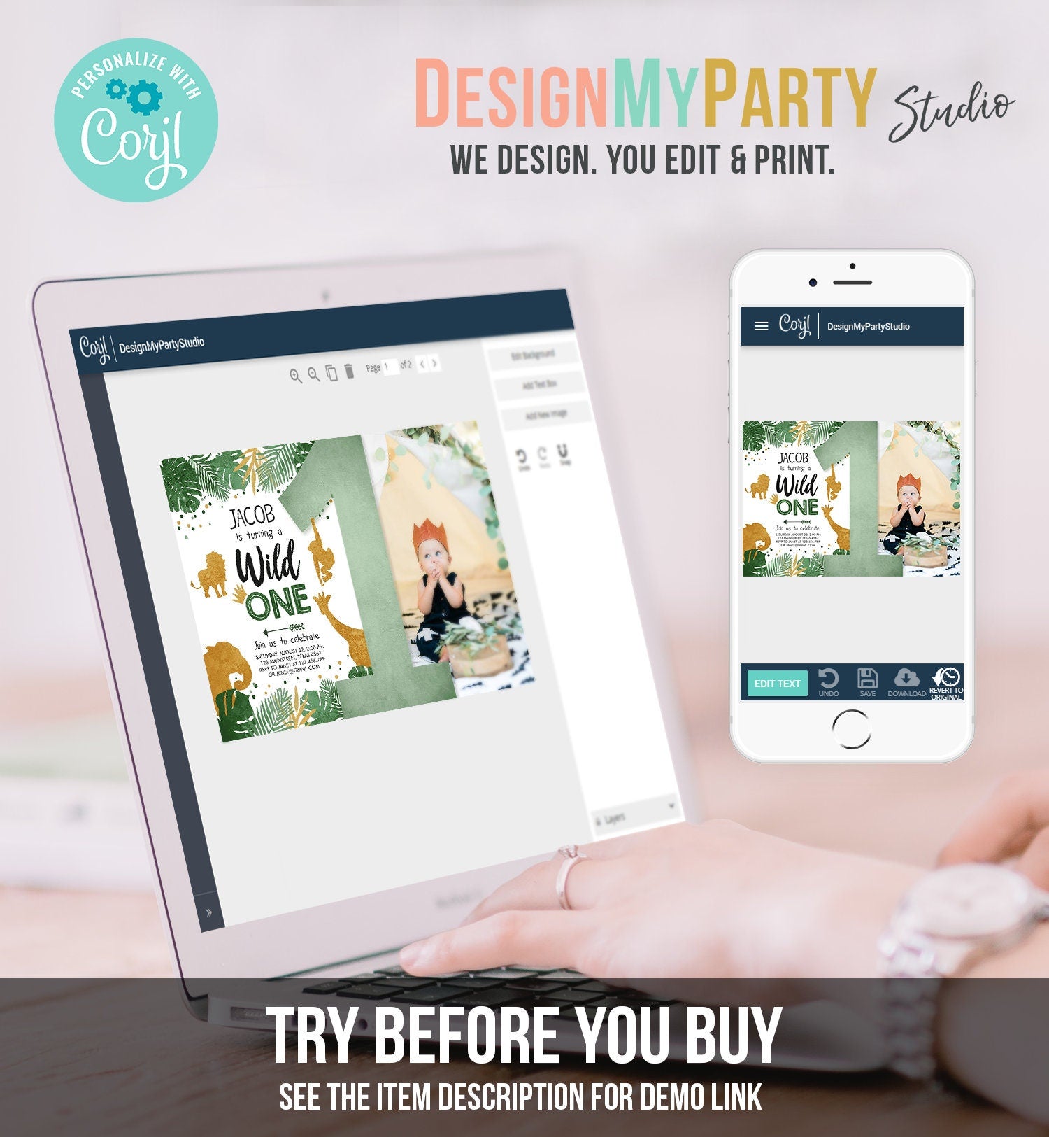 Editable Wild One Birthday Invitation Safari Animals Green Gold Jungle Zoo Party Animals First Birthday 1st Digital Template Printable 0016