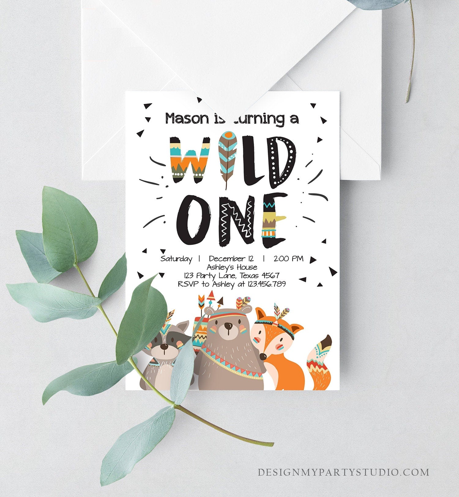 Editable Tribal Wild One Birthday Invitation Boho Woodland Animals Boy First Birthday Party Download Printable Corjl Template Digital 0061
