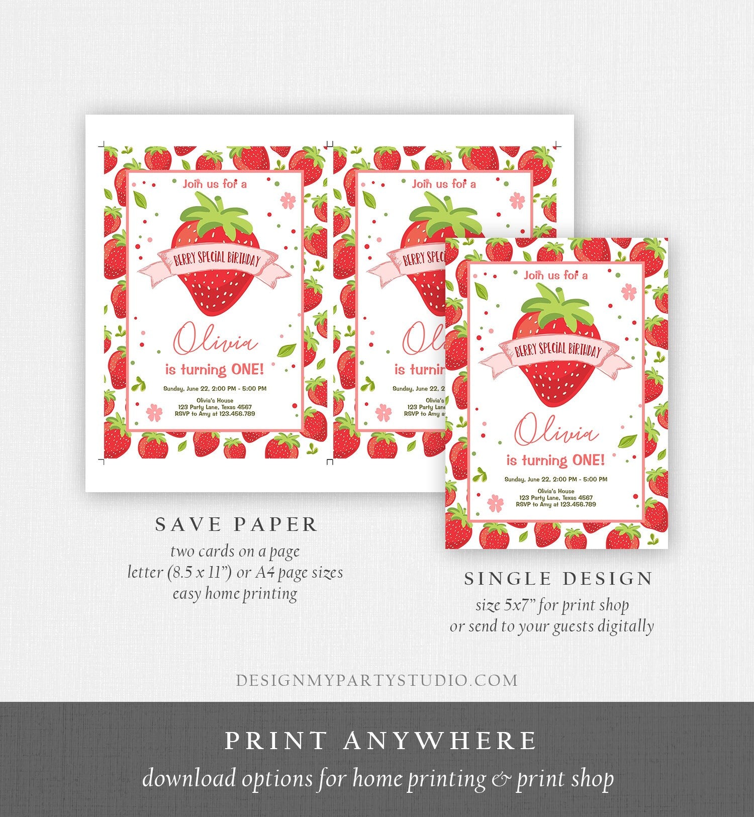 Editable Strawberry Birthday Invitation First Birthday Berry Special Girl Farmers Market Digital Download Template Printable 0091