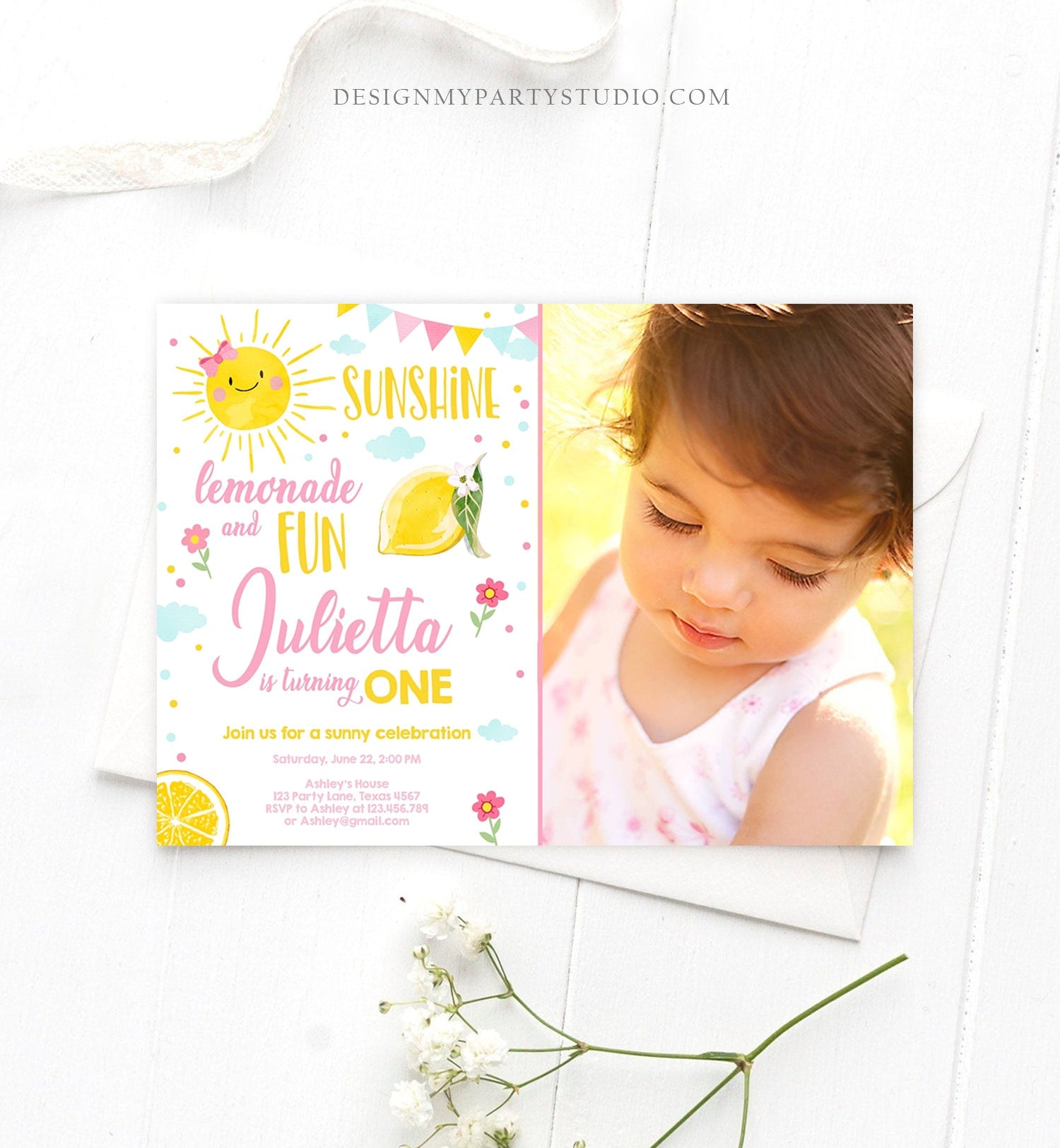 Editable Sunshine Lemonade Birthday Invitation Pink Girl Sunshine Party Lemonade 1st Birthday Digital Download Evite Template Printable 0141