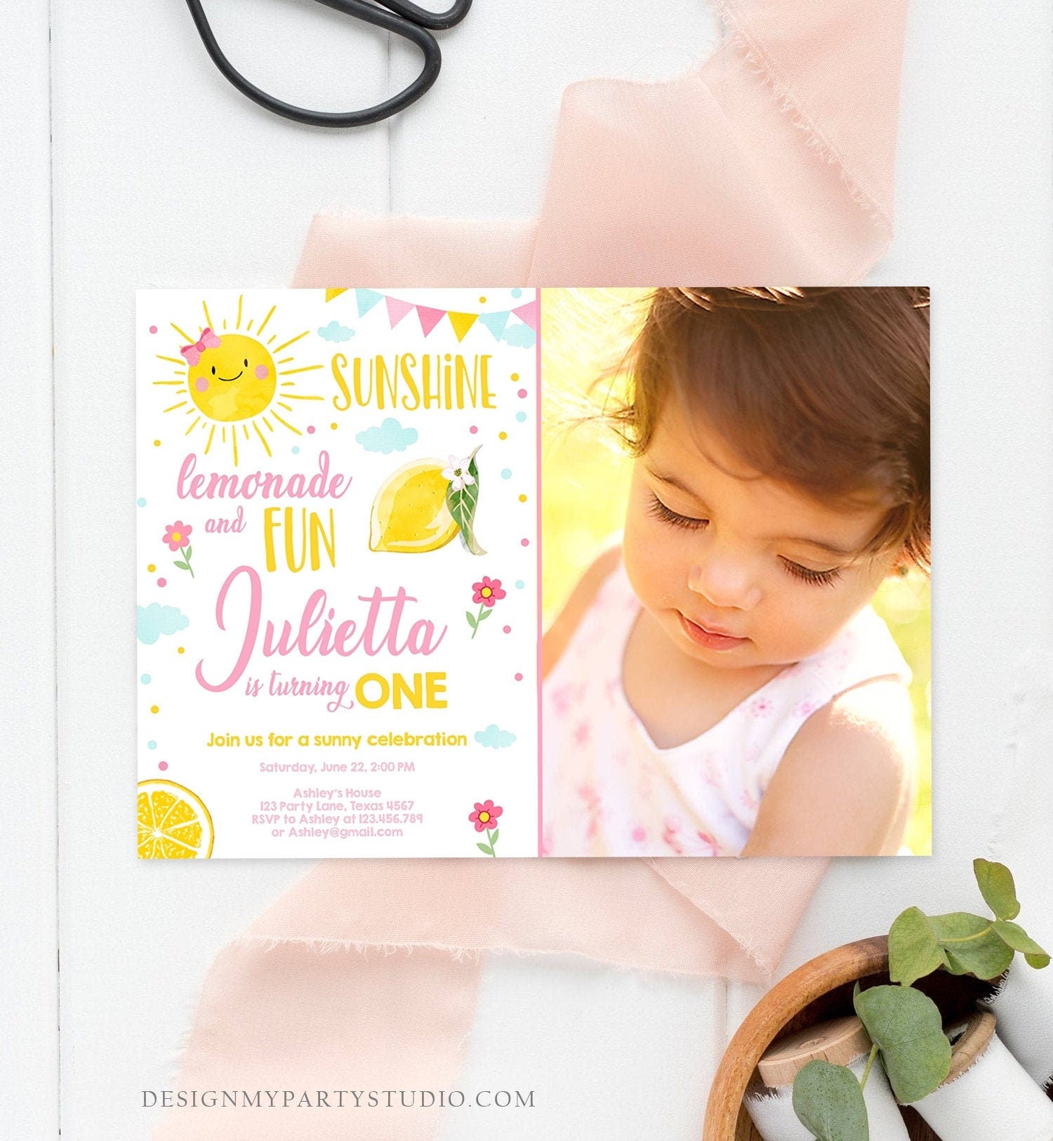 Editable Sunshine Lemonade Birthday Invitation Pink Girl Sunshine Party Lemonade 1st Birthday Digital Download Evite Template Printable 0141