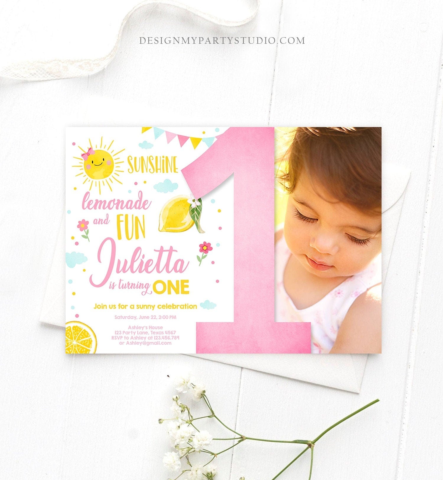 Editable Sunshine Lemonade Birthday Invitation Pink Girl Sunshine Party Lemonade 1st Digital Download Evite Template Printable 0141