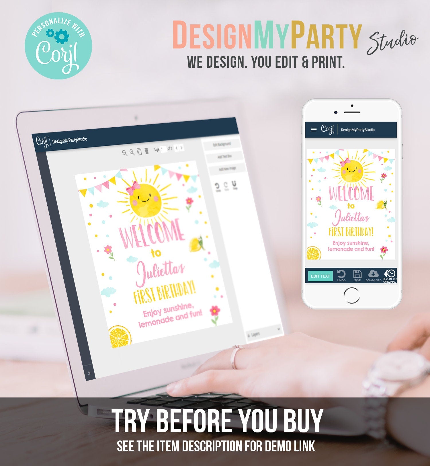Editable Sunshine Welcome Sign Little Sunshine Birthday Party Pink Girl Lemonade and Fun Stand Summer Digital Template Printable 0141
