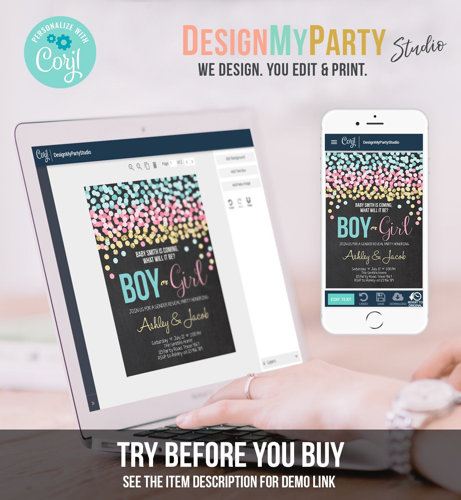 Editable Gender Reveal Invitation Confetti Blue or Pink Gold Boy or Girl He or She Rustic Instant Download Printable Template Corjl 0133