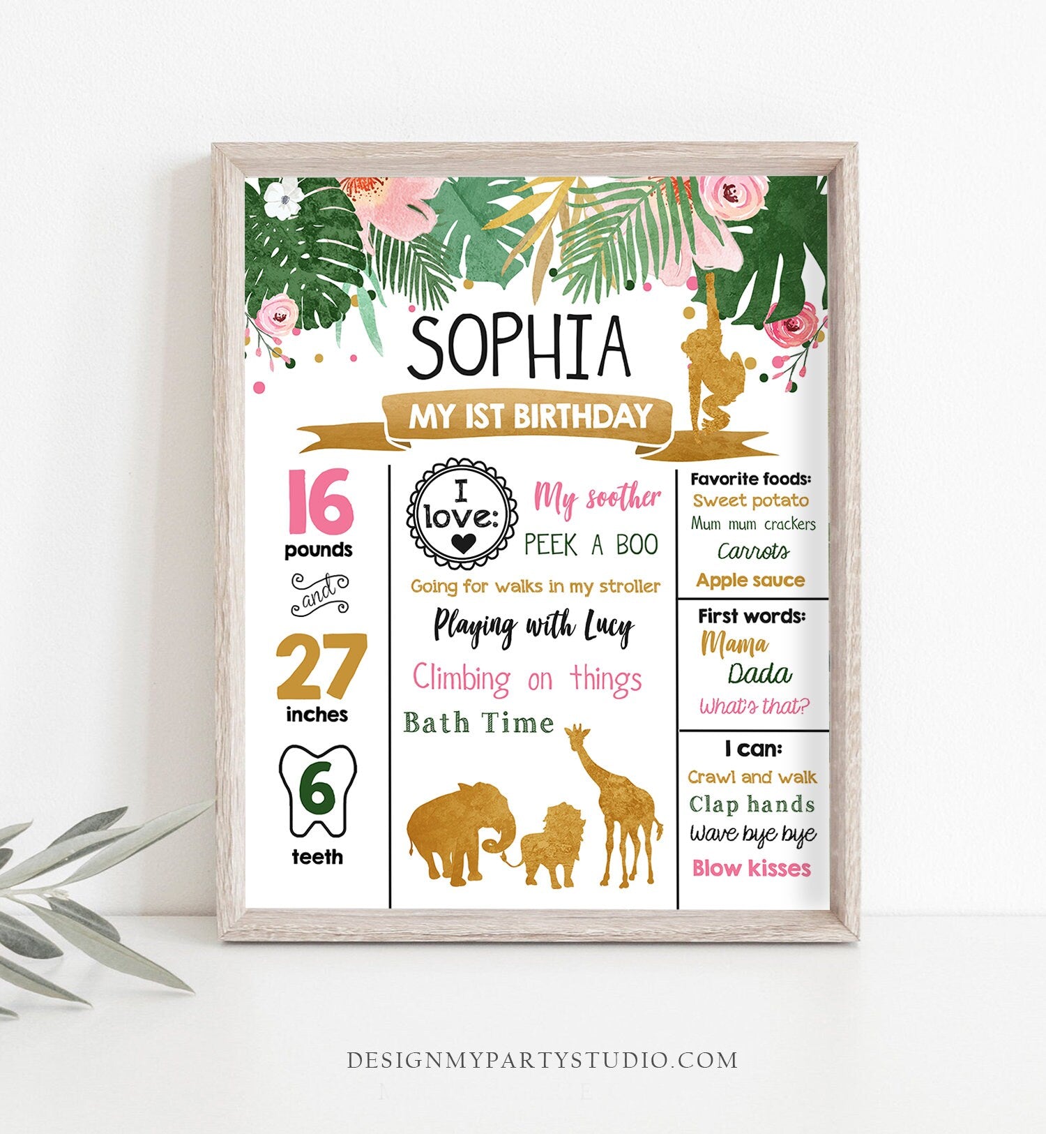 Editable Safari Animals Birthday Milestone Sign Girl Pink Wild One Party Animals First Birthday 1st Download Digital Template Printable 0016