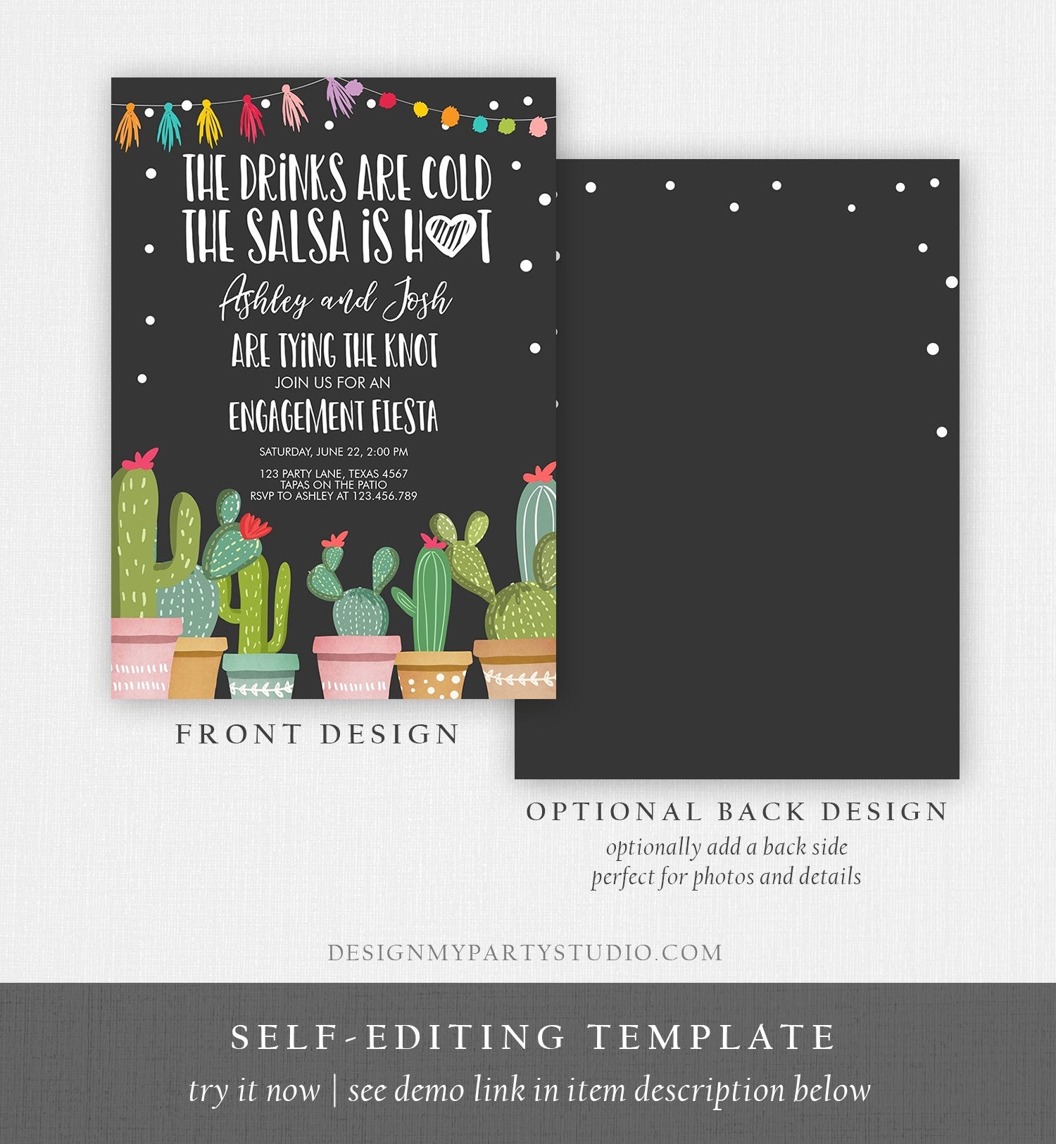 Editable Fiesta Engagement Invitation Bridal Shower Couples Cactus Drinks Cold Salsa is Hot Tying Knot Digital Template Printable 0254
