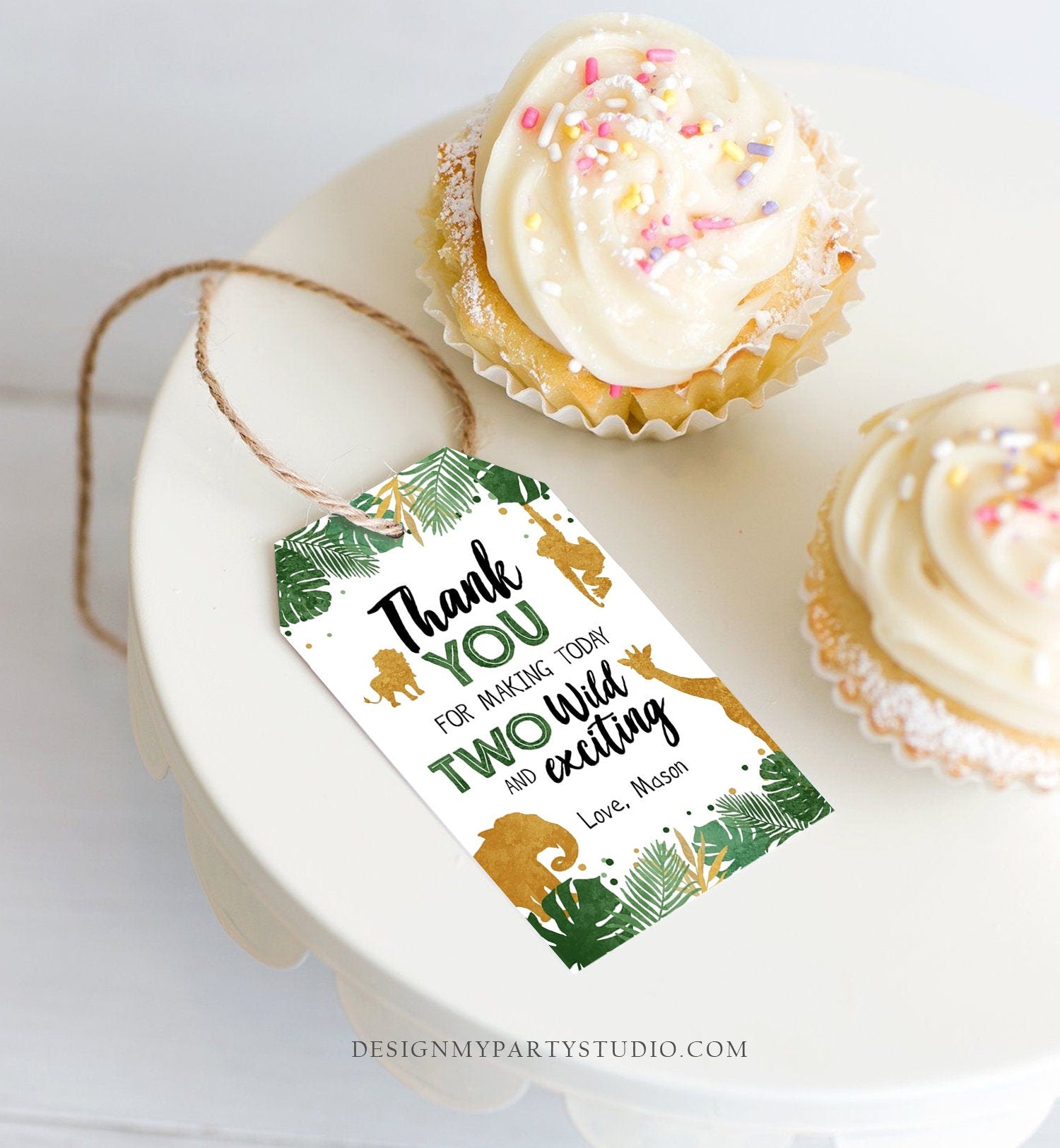 Editable Two Wild Safari Animals Favor Tag Second Birthday Jungle Zoo Animals Thank You Tag Boy Green Gold Corjl Template Printable 0016