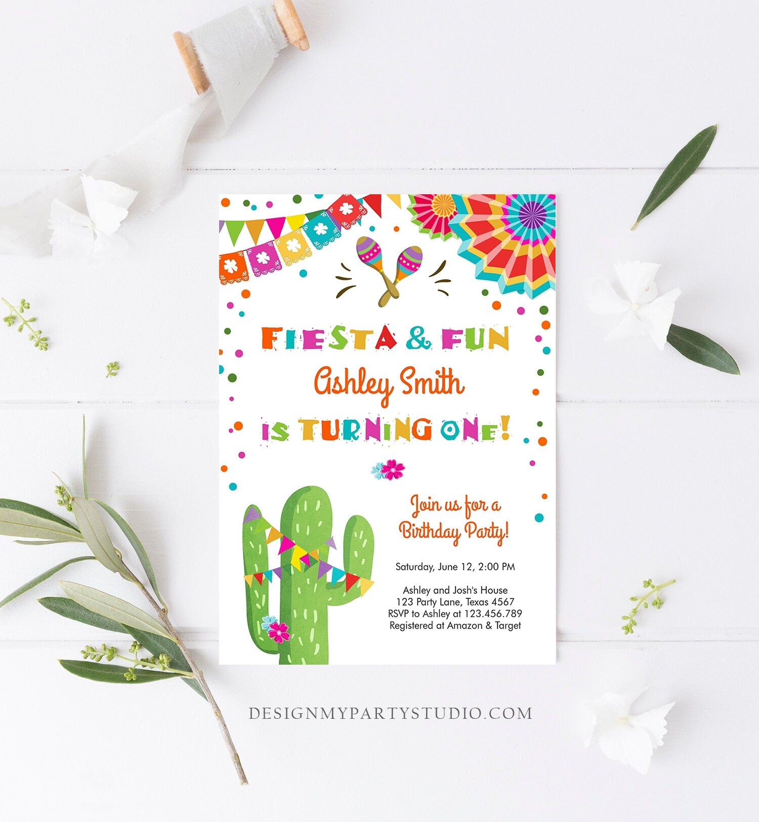 Editable Fiesta and Fun First Birthday Invitation ANY AGE Cactus Mexican 1st Birthday Party Girl Boy Colorful Evite Template Printable 0045