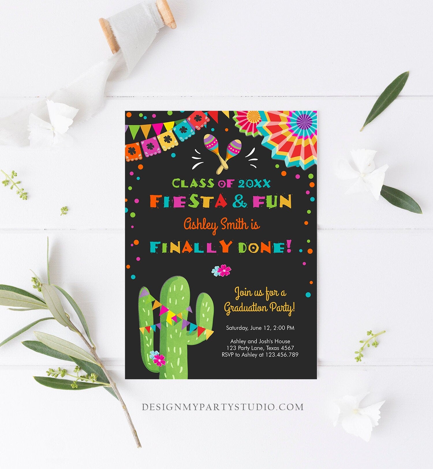 Editable Fiesta and Fun Graduation Party Invitation Finally Done Let's Fiesta Mexican High School College Degree Diploma Corjl Template 0045