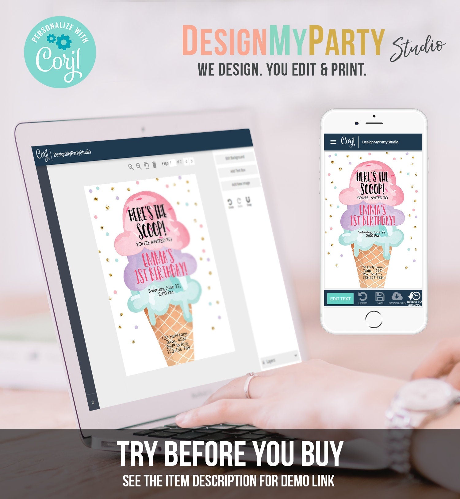 Editable Ice Cream Birthday Invitation First Birthday Party Here's the Scoop Cone Pink Mint Gold Purple Printable Template Evite 0243