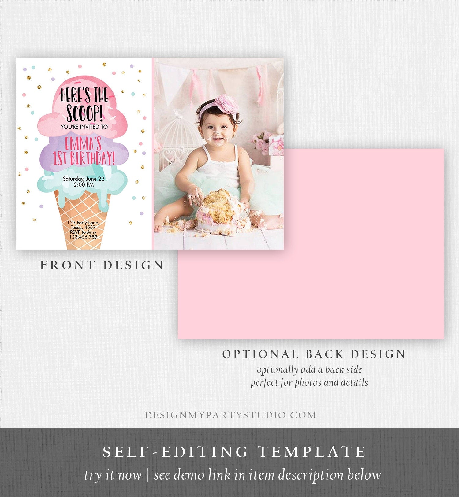 Editable Ice Cream Birthday Invitation First Birthday Party Here's the Scoop Cone Pink Mint Gold Purple Digital Template Printable 0243