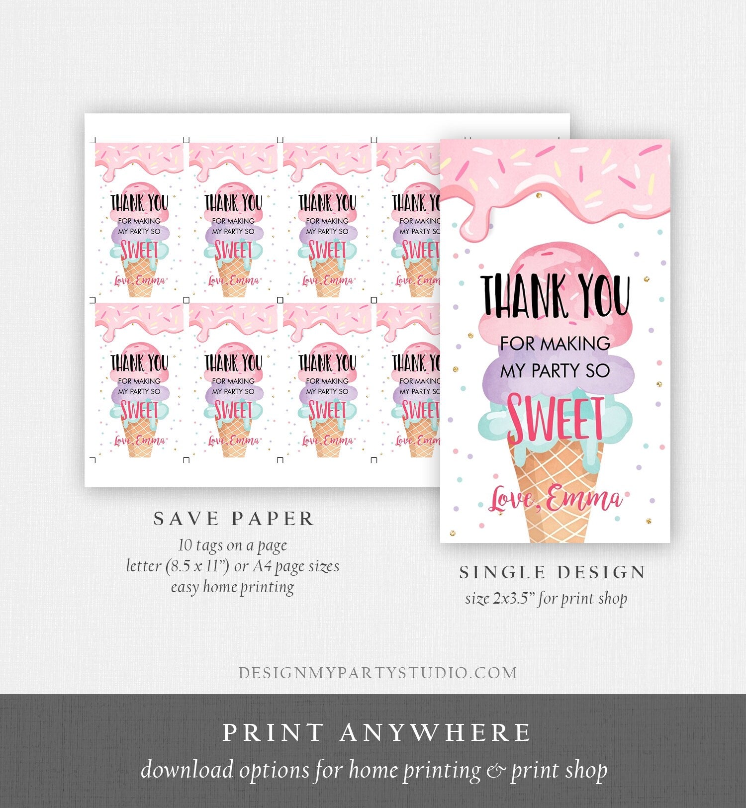 Editable Ice Cream Favor Thank You Tags Ice Cream Birthday Party Girl Pink Purple Gift Goodie Bag Labels Corjl Template Printable 0243
