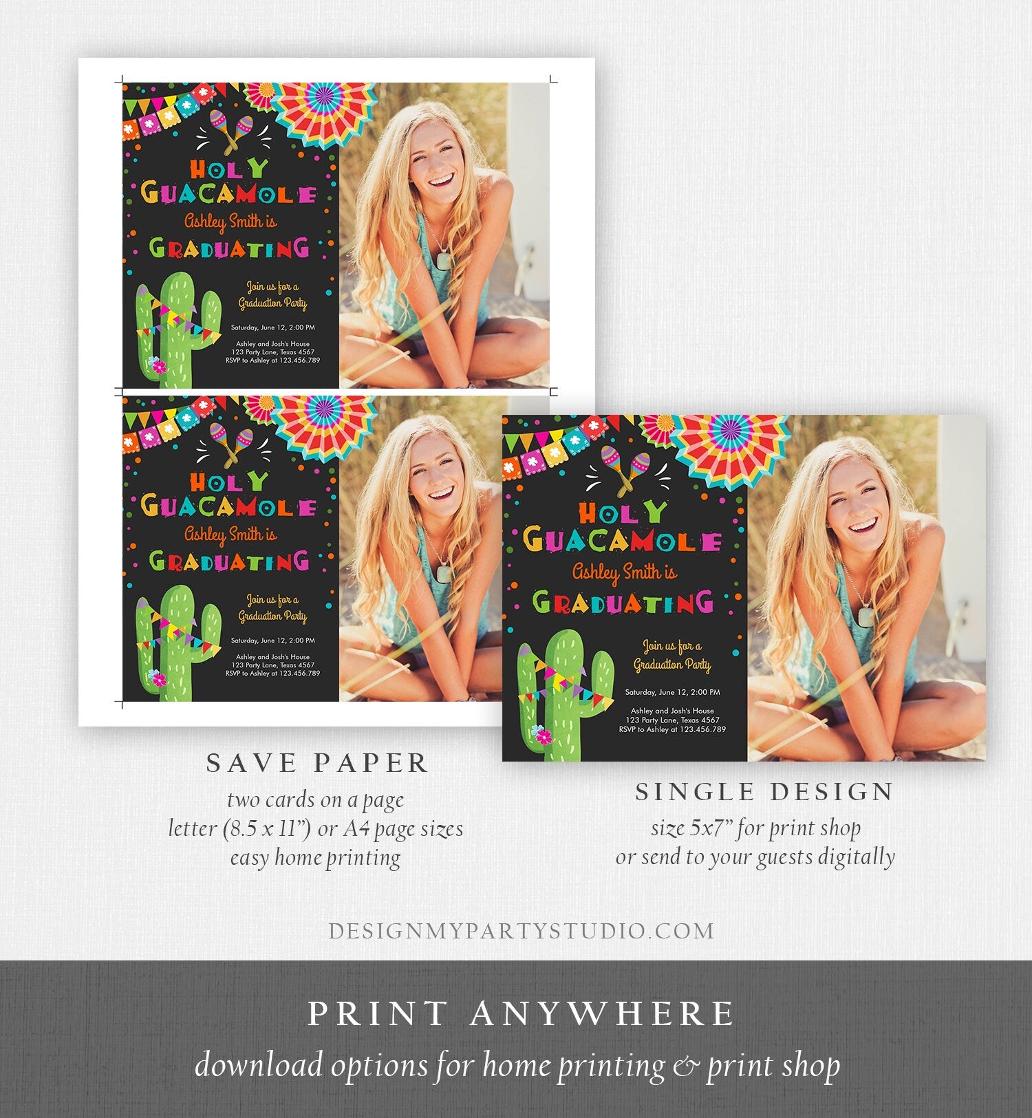 Editable Holy Guacamole Fiesta Graduation Party Invitation Let's Fiesta Grad Mexican Graduate Graduating College Digital Template 0045