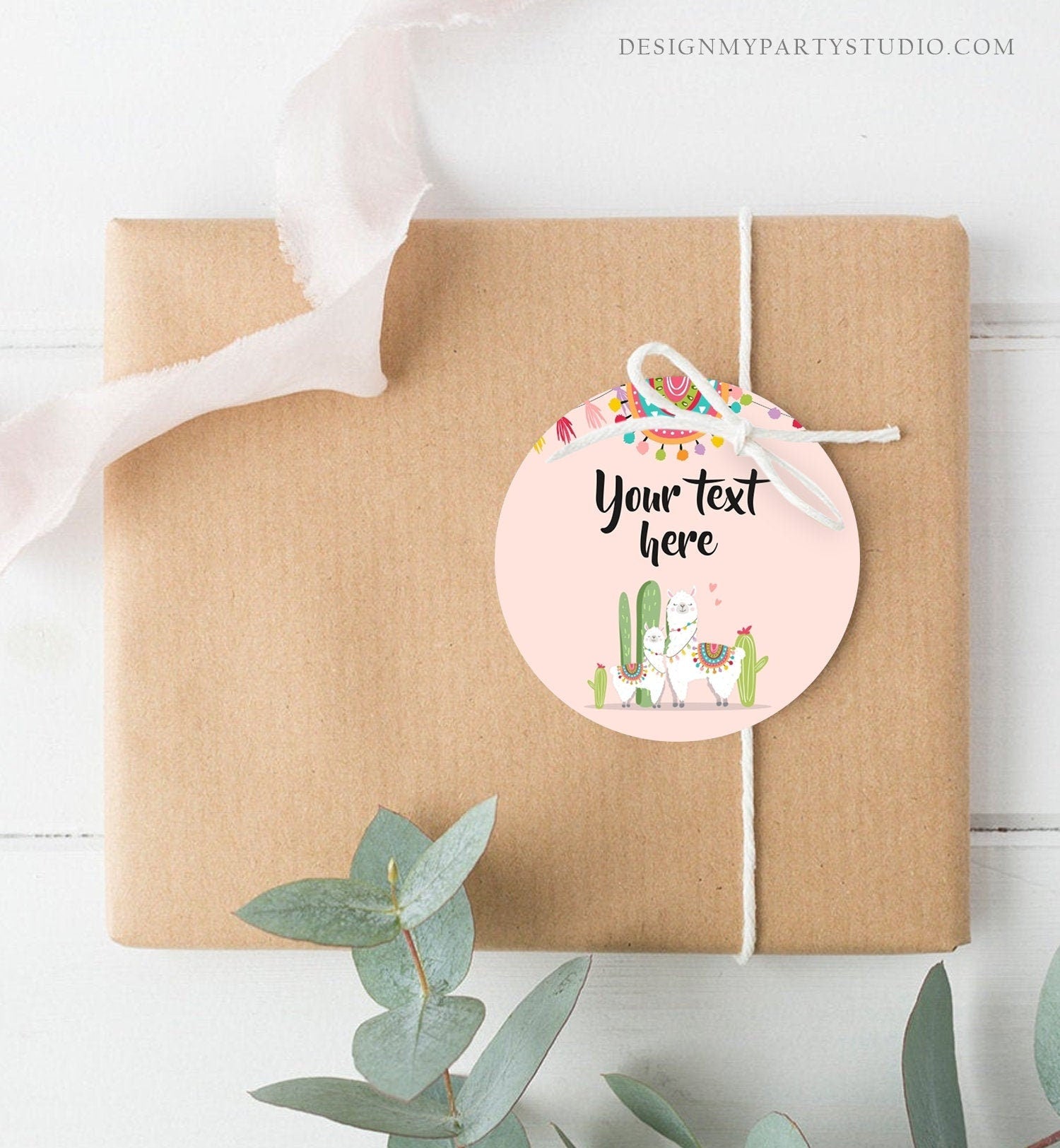 Editable Llama Thank You Favor Tags Baby Shower Stickers Fiesta Cactus Alpaca Mexican Round Square Label Pink Girl Template Printable 0079