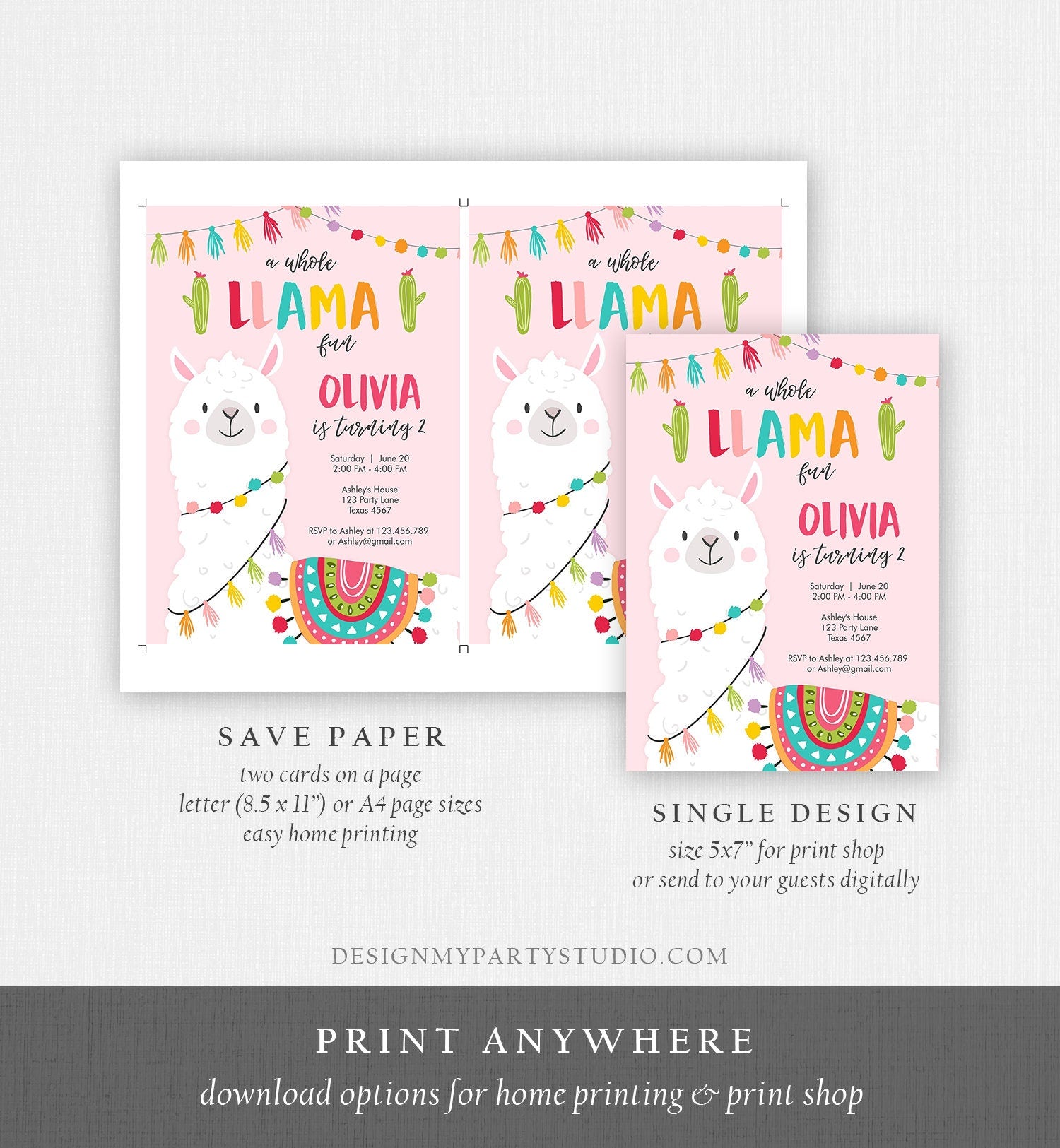 Editable Whole Llama Fun Birthday Invitation Fiesta Mexican Cactus Pink Girl Teal Alpaca Digital Download Evite Template Printable 0079