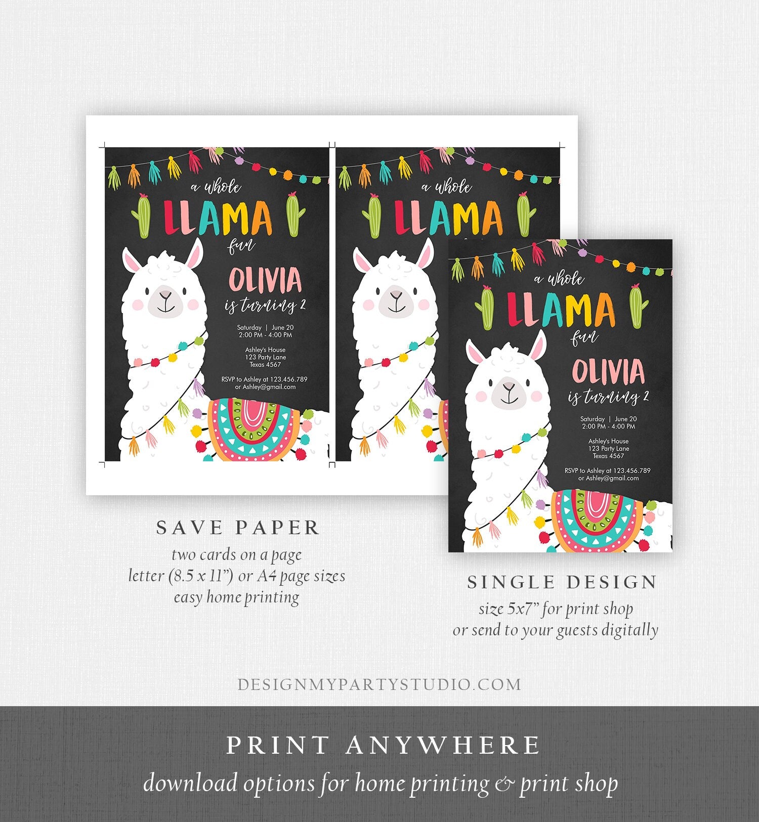 Editable Whole Llama Fun Birthday Invitation Fiesta Mexican Cactus Chalk Boy Girl Alpaca Instant Download Corjl Template Printable 0079