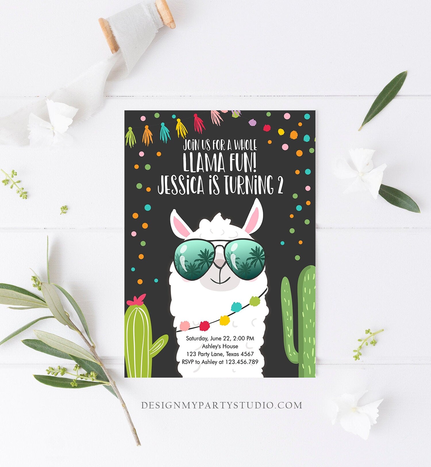 Editable Whole Llama Fun Birthday Invitation Fiesta Llama Cactus Mexican Party Chalk Confetti Girl Boy Alpaca Corjl Template Printable 0079