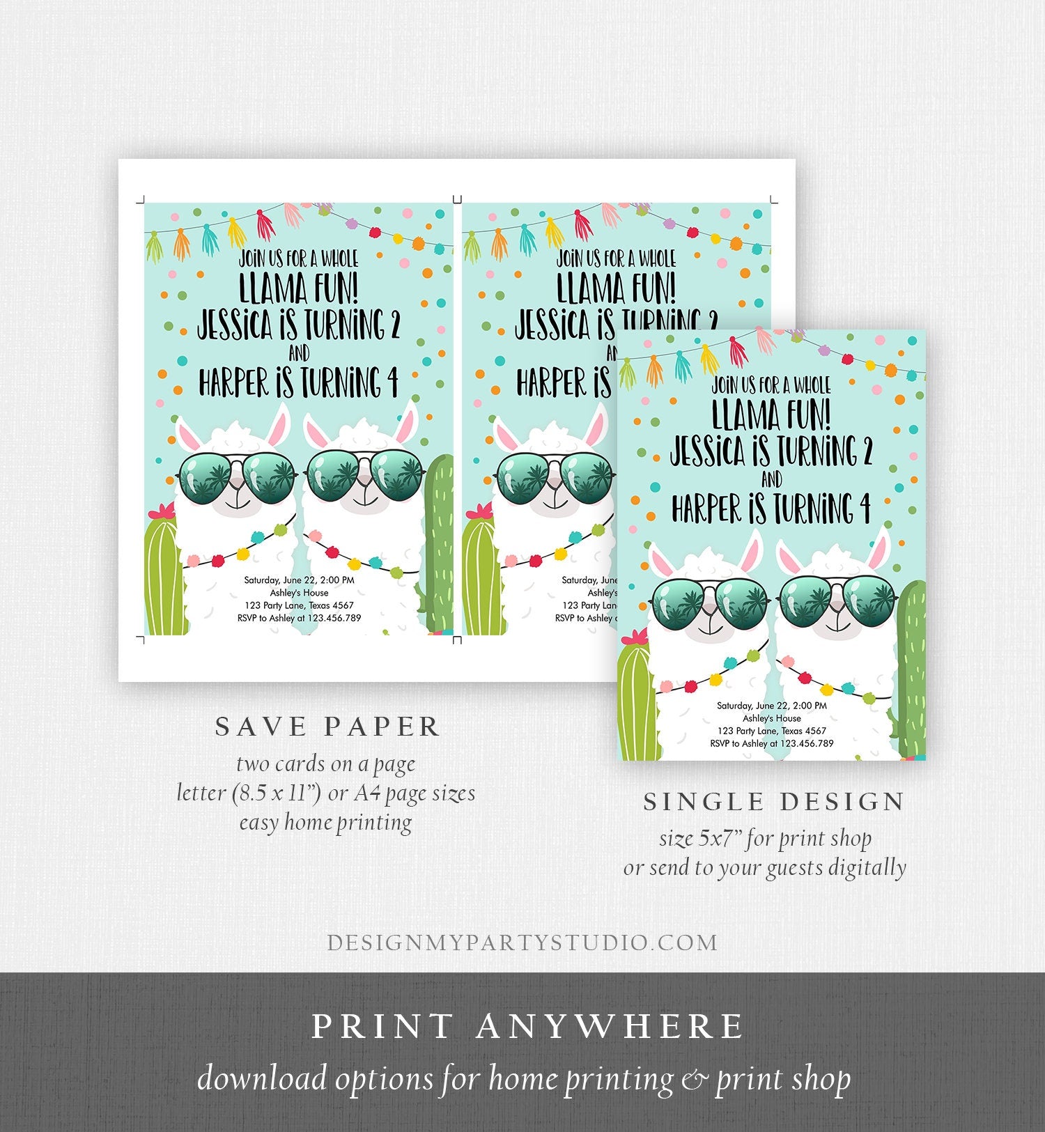 Editable Whole Llama Fun Birthday Invitation Joined Coed Twin Twins Llamas Fiesta Cactus Confetti Boy Blue Alpaca Template Corjl 0079