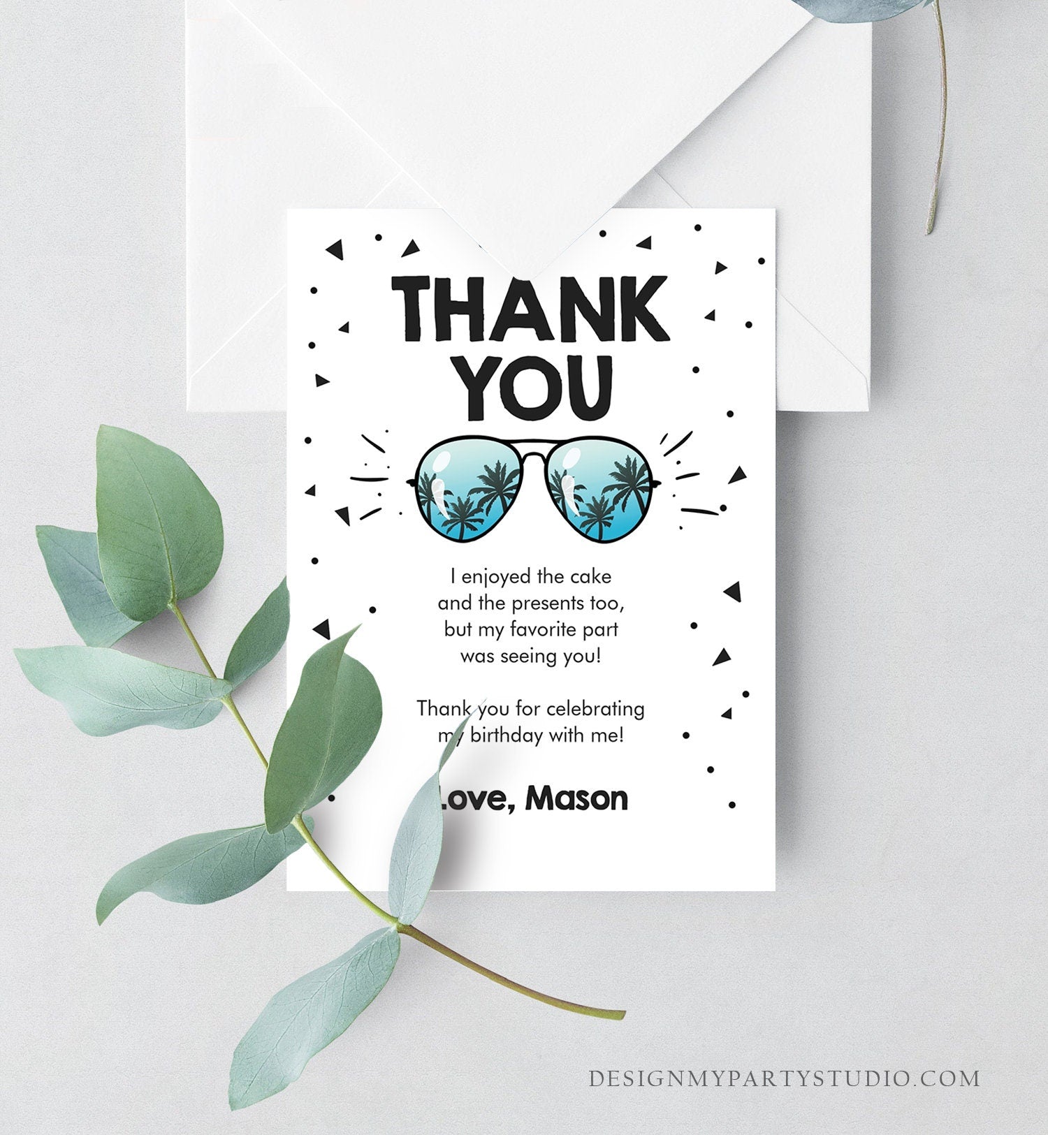 Editable Cool Thank You Card Birthday Boy Sunglasses Two Cool One Cool Dude Birthday Party 2nd Download Corjl Template Printable 0136