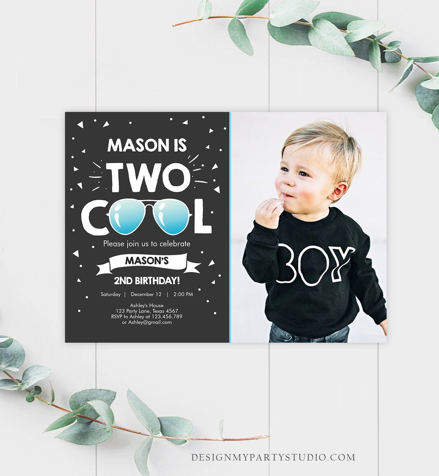 Editable Two Cool Birthday Invitation Boy Second Birthday Party 2nd I'm Two Cool Pilot Sunglasses Photo Digital Template Printable 0136