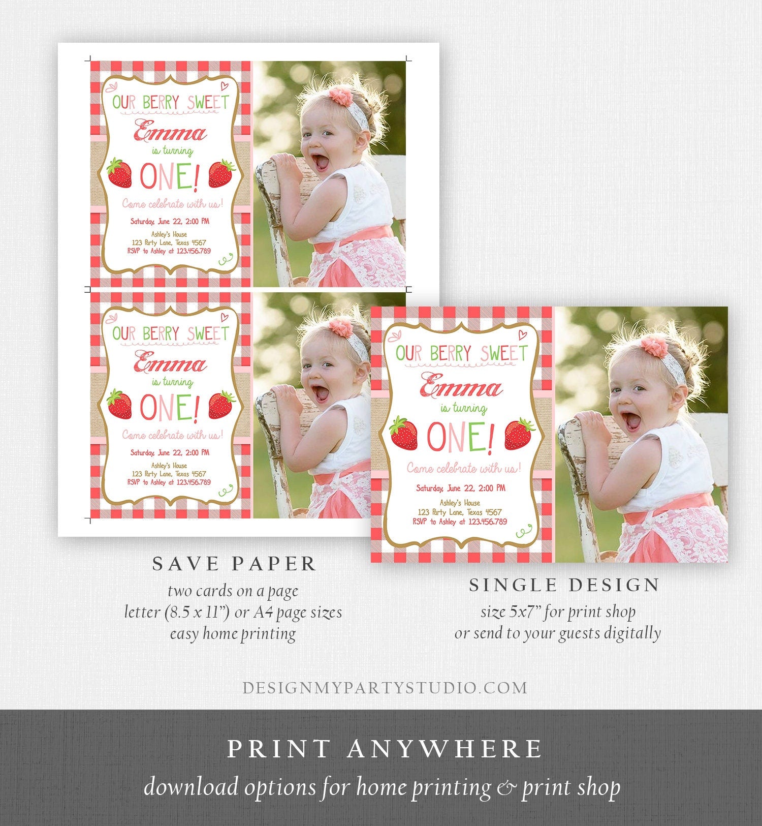 Editable Strawberry Birthday Invitation First Birthday Farmers Market Girl Download Printable Invite ANY AGE Template Corjl Digital 0091