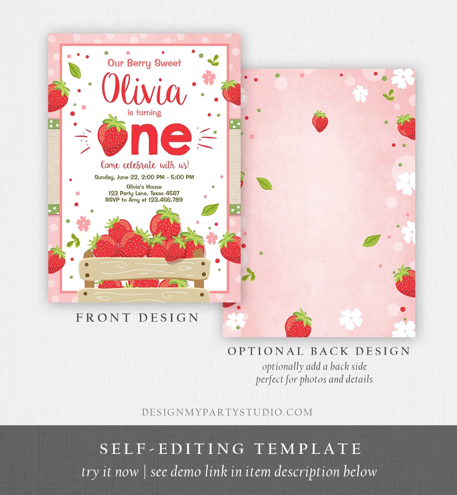 Editable Strawberry Birthday Invitation Girl First Birthday Berry Sweet Strawberries Pink Digital Download Evite Template Printable 0091