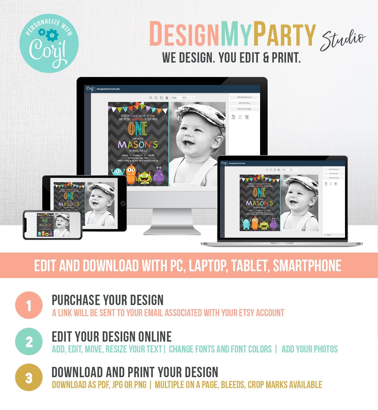 Editable Little Monster Birthday Invitation Boy First Birthday Party 1st Monsters Monster Bash Digital Template Evite Printable 0058