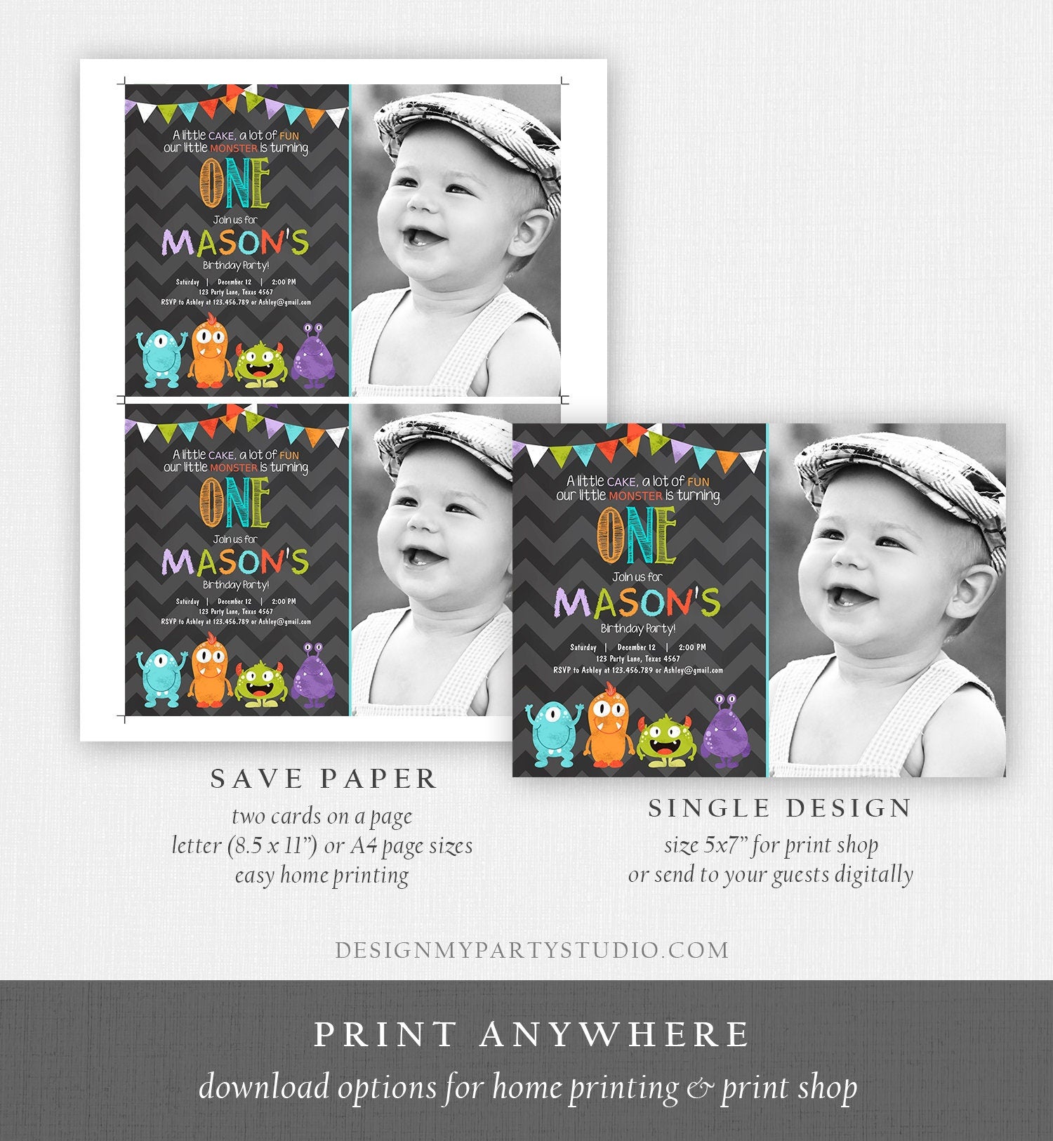 Editable Little Monster Birthday Invitation Boy First Birthday Party 1st Monsters Monster Bash Digital Template Evite Printable 0058