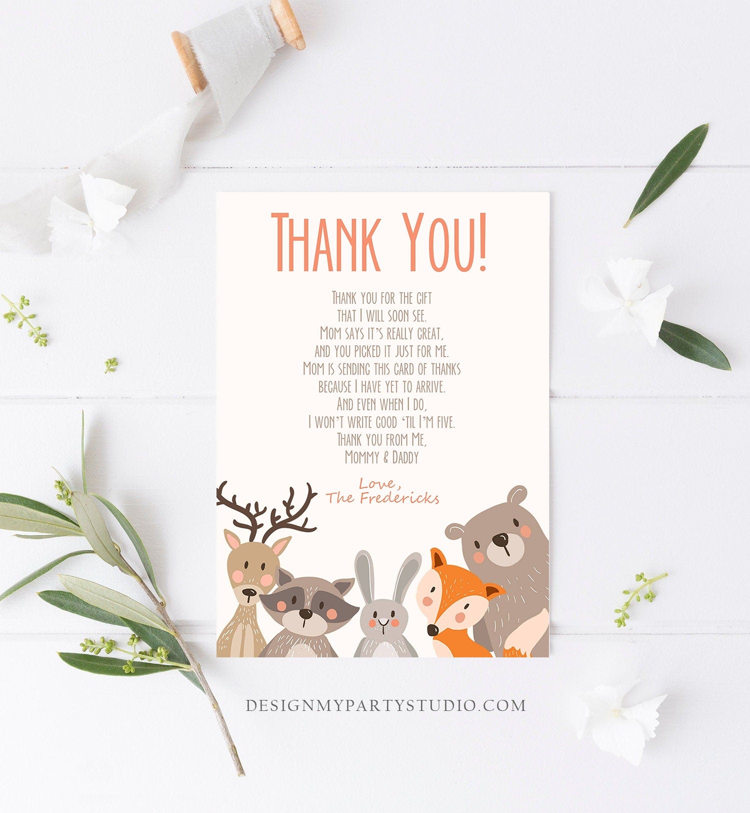 Editable Baby shower Thank you note Woodland Thank You Rustic Cute Animals Forest Gender Neutral Template Instant Download Corjl 0010