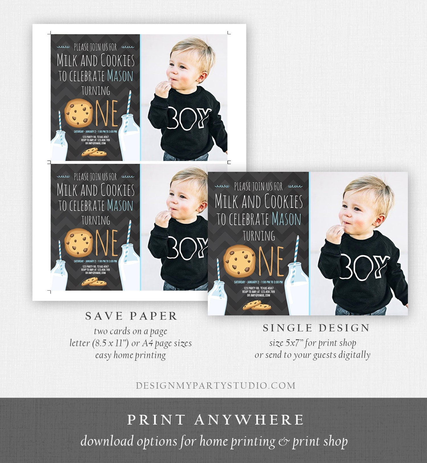 Editable Milk and Cookies Birthday Invitation Milk & Cookies Party Boy Birthday Blue First Birthday Printable Invitation Template Corjl 0088