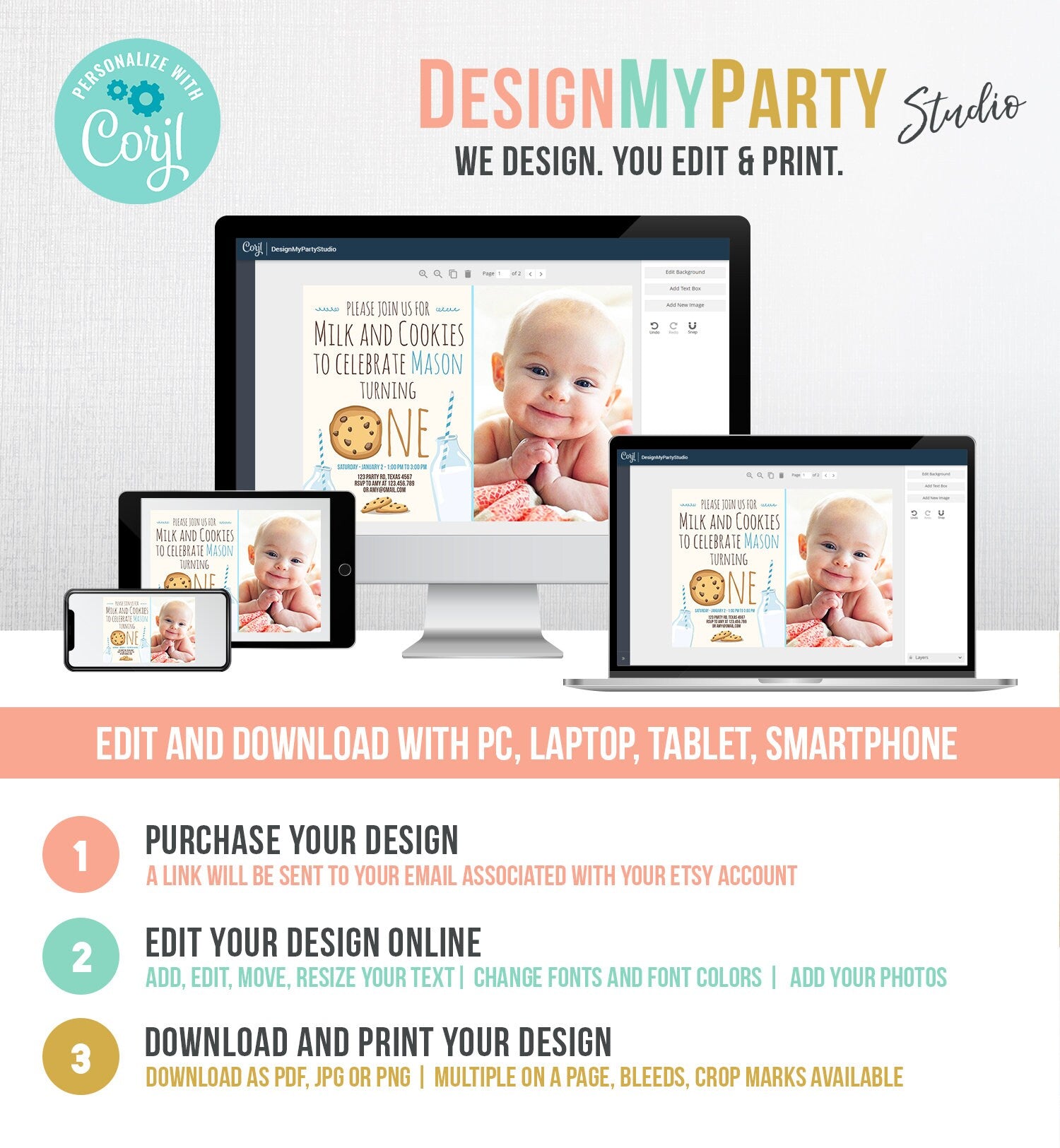 Editable Milk and Cookies Birthday Invitation Milk Cookies Party Boy Birthday Blue First Birthday Digital Download Template Printable 0088