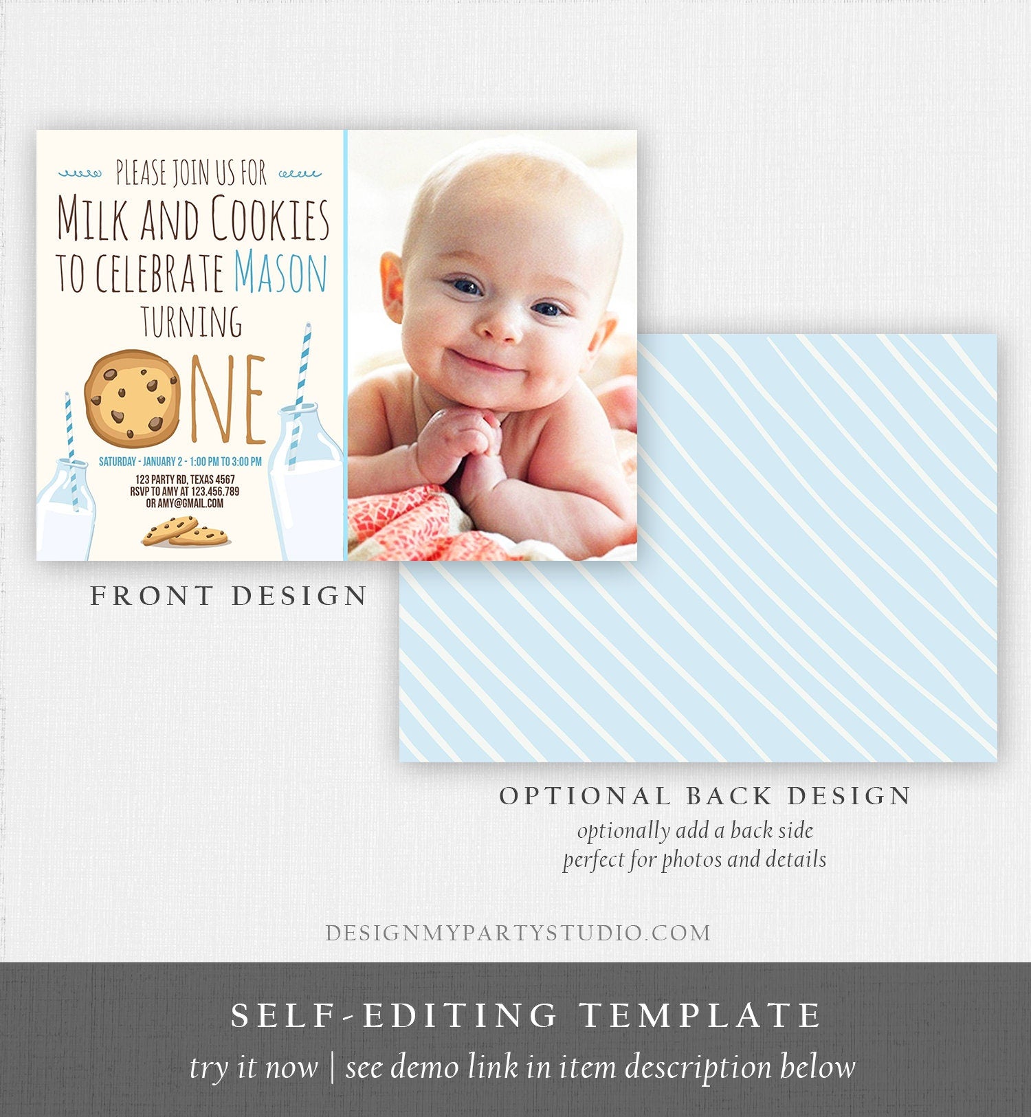 Editable Milk and Cookies Birthday Invitation Milk Cookies Party Boy Birthday Blue First Birthday Digital Download Template Printable 0088