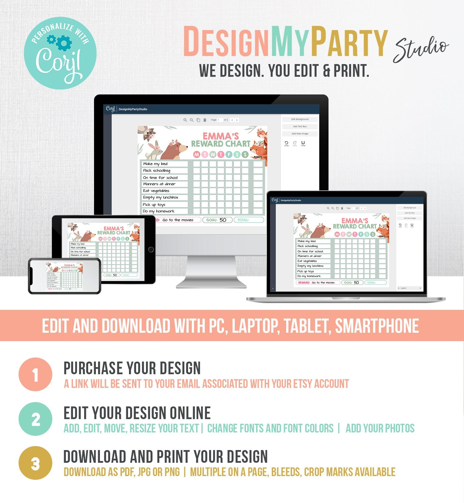 Editable Woodland Animals Reward Chart Chore Chart for Kids Routine Chart Pink Girls Fillable Chore Chart Printable Corjl Template 0222