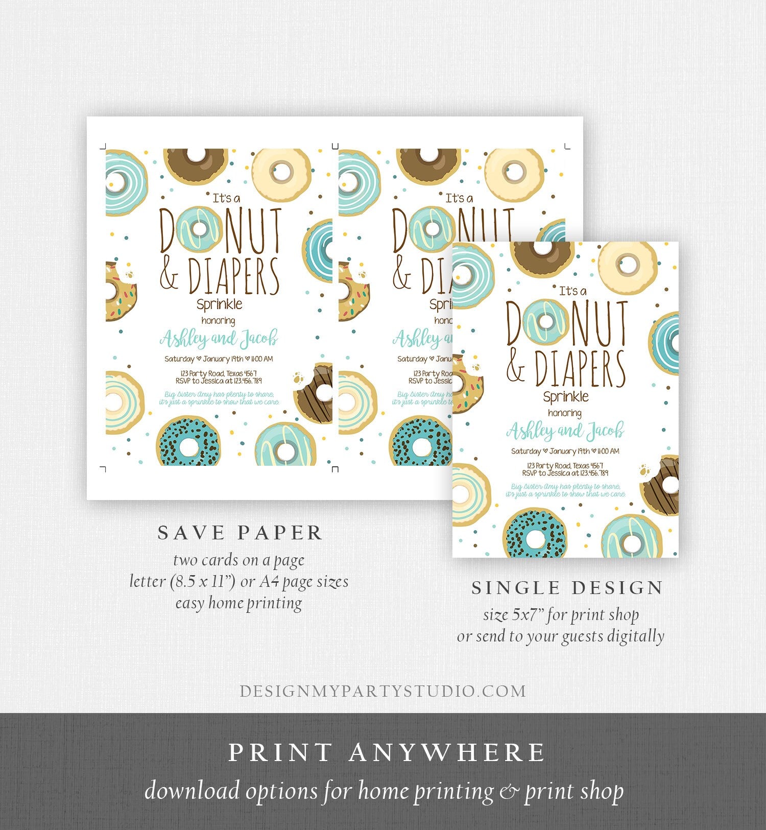 Editable Donut and Diapers Sprinkle Invitation Baby Shower Coed Shower Boy Blue Sweet Evite Digital Download Corjl Template Printable 0050